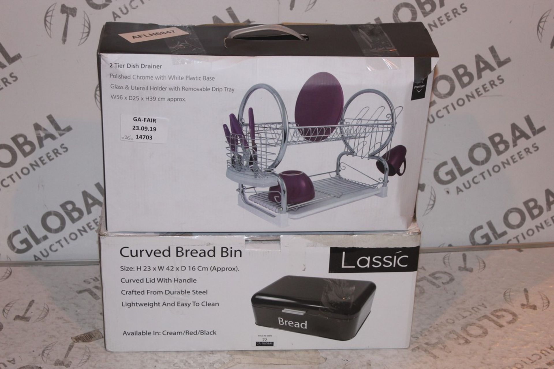 Lot to Contain 2 Boxed Assorted Items to Include a Curved Bread Bin and a 2 Tier Dish Drainer