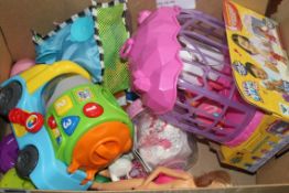 Box of Assorted Children's Toy Items to Include Leap Frog Mixer Truck, Little Live Pets Caged