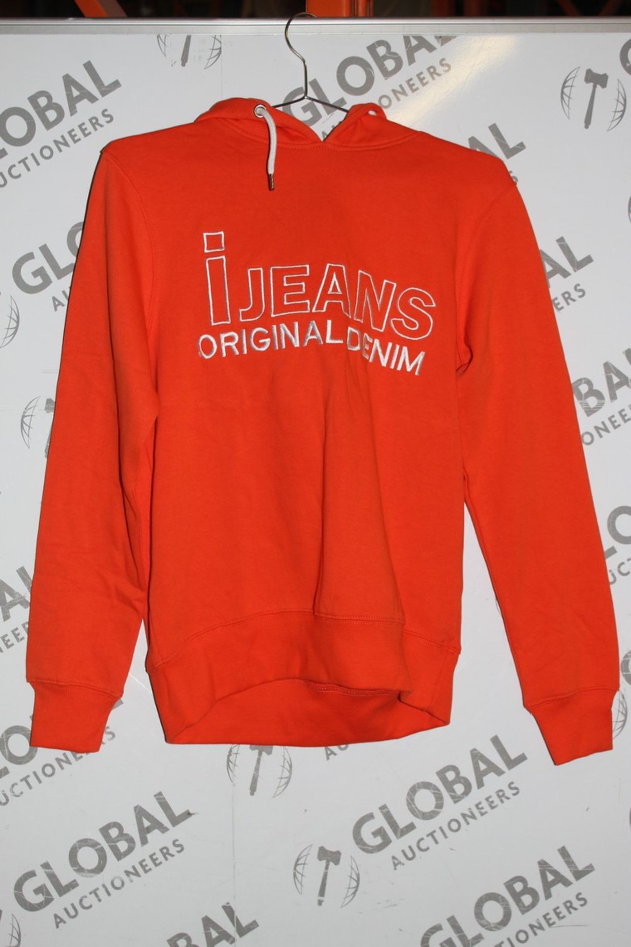 Lot to Contain 22 Brand New Ijeans Original Denim Orange Unisex Hooded Jumpers in Assorted Sizes RRP