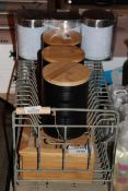 Lot to Contain 4 Assorted Items to Include Tea Coffee and Sugar Canister Sets, Metal Dish Racks