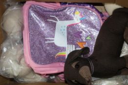 Box to Contain an Assortment of Items to Include Purple Glittery Unicorn School Bags, Dog Doorway