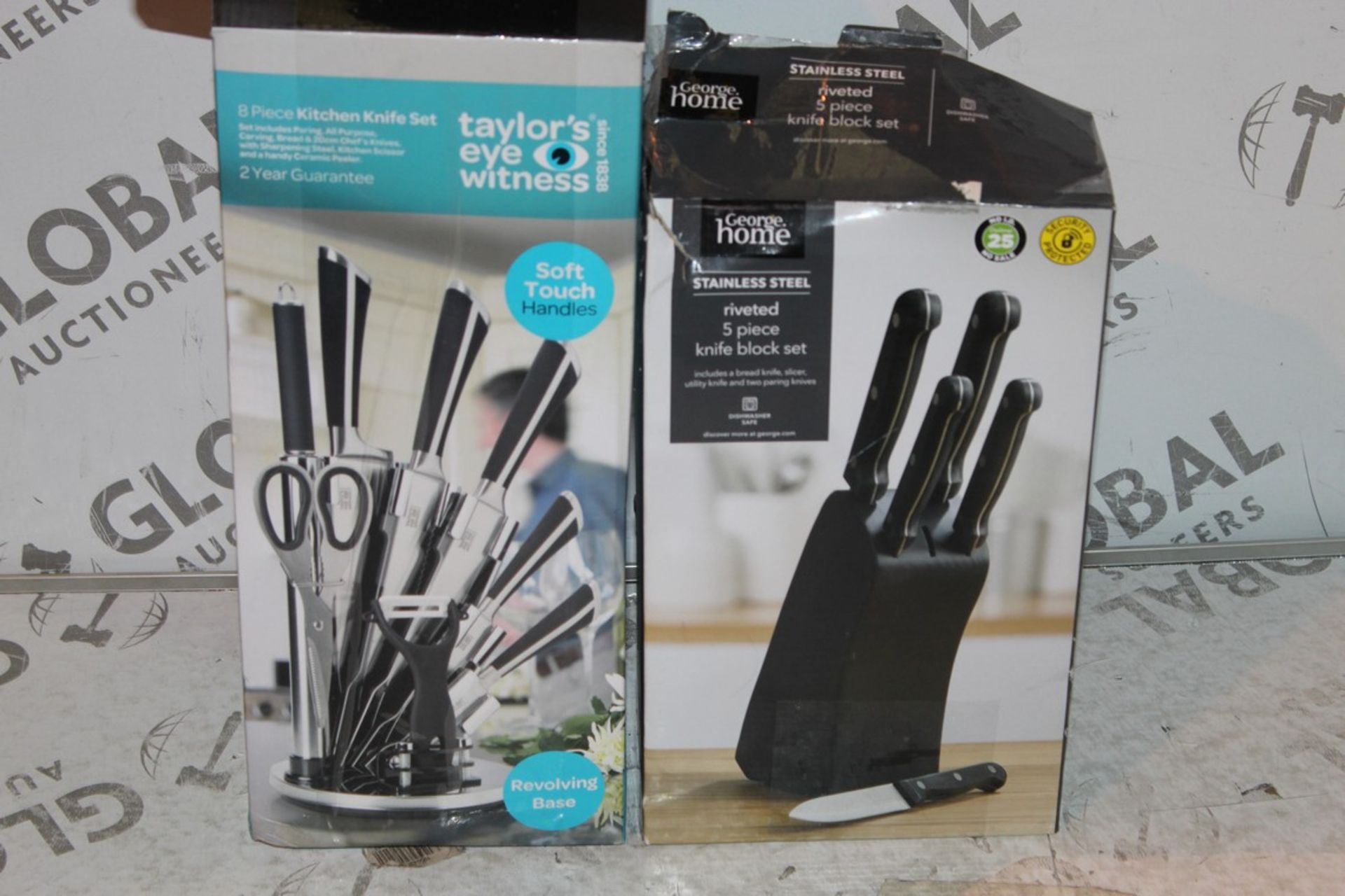 Lot to Contain 2 Assorted Taylors Eyewitness Knife Block and Stand and a Stainless Steel Knife Block