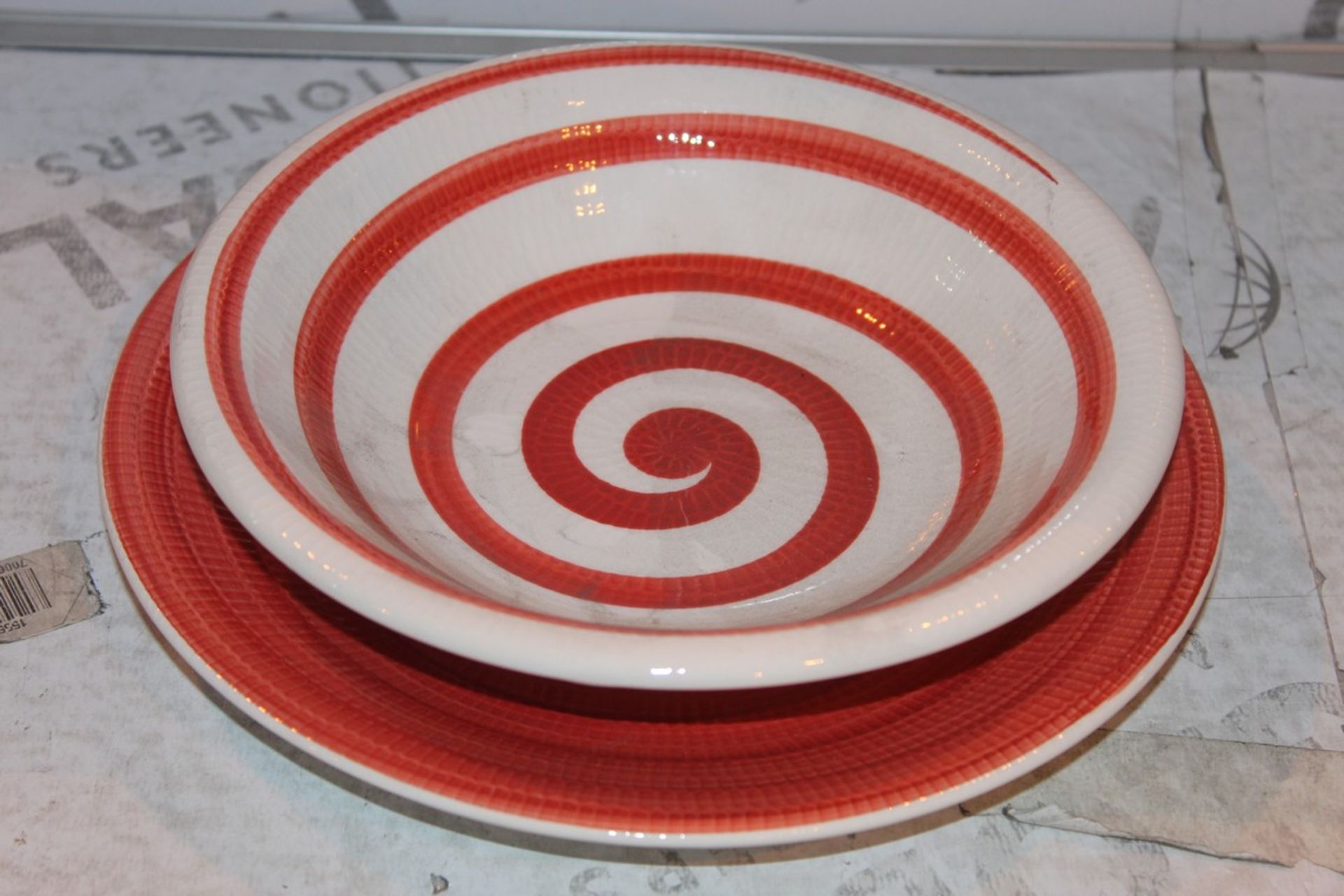 Boxed Ceramic Red and White Swirls Dinner Sets (Public Viewing and Appraisals Available)