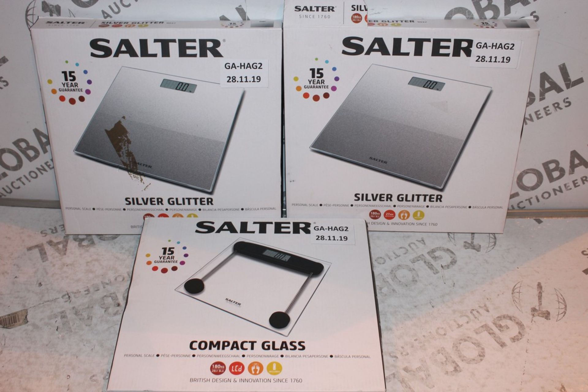 Lot to Contain 3 Assorted Pairs of Salter Silver Glitter Compact Glass Digital Weighing Scales