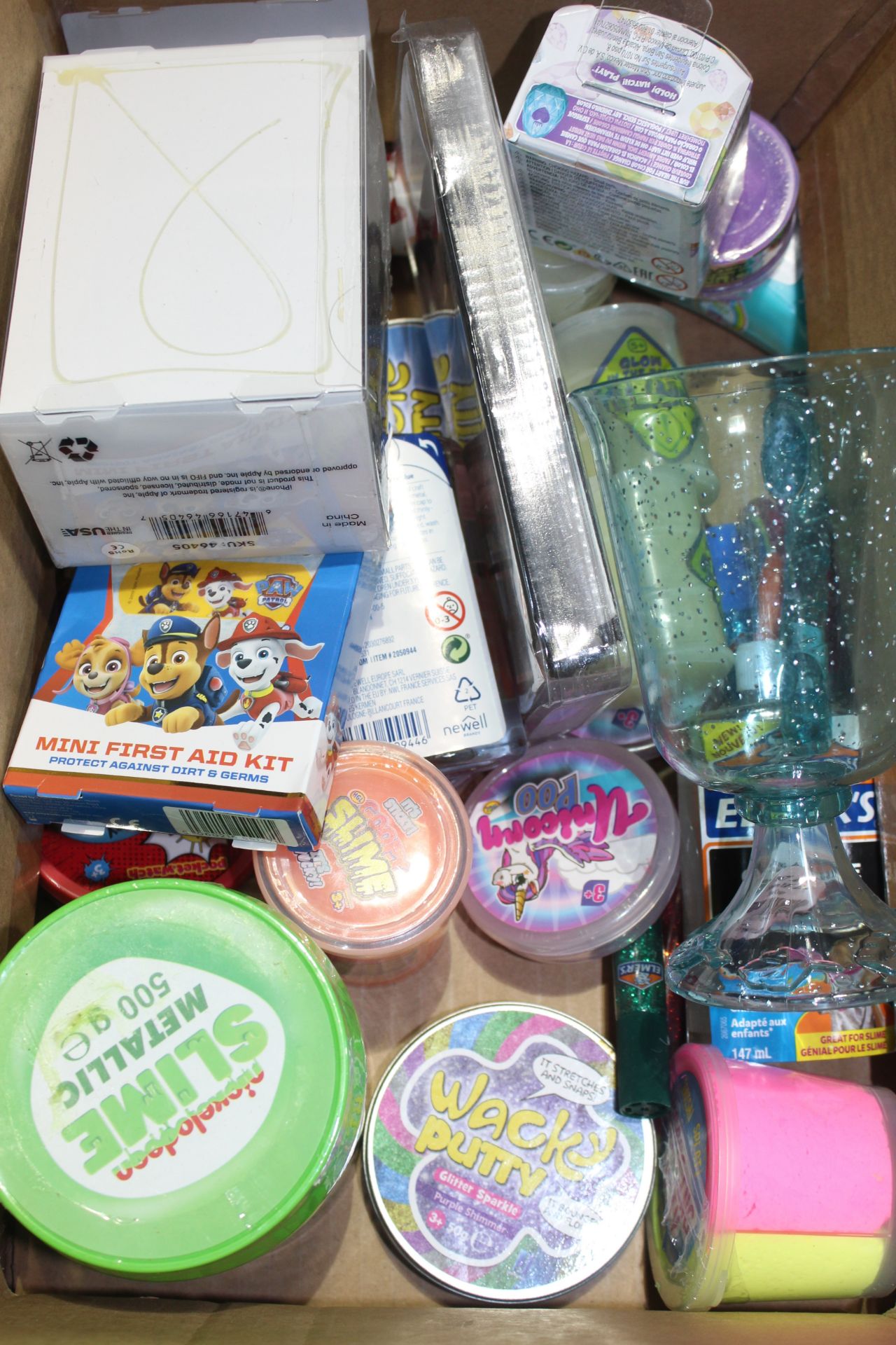 Box Containing an Assortment of Children's Toy Items to Include Slime, Paw Patrol Plasters, Wacky