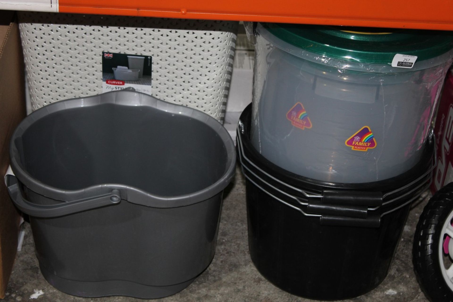 Assorted Items to Include Kitchen Queen, Storage Tub, Plastic Storage Bucket and a Curva Laundry