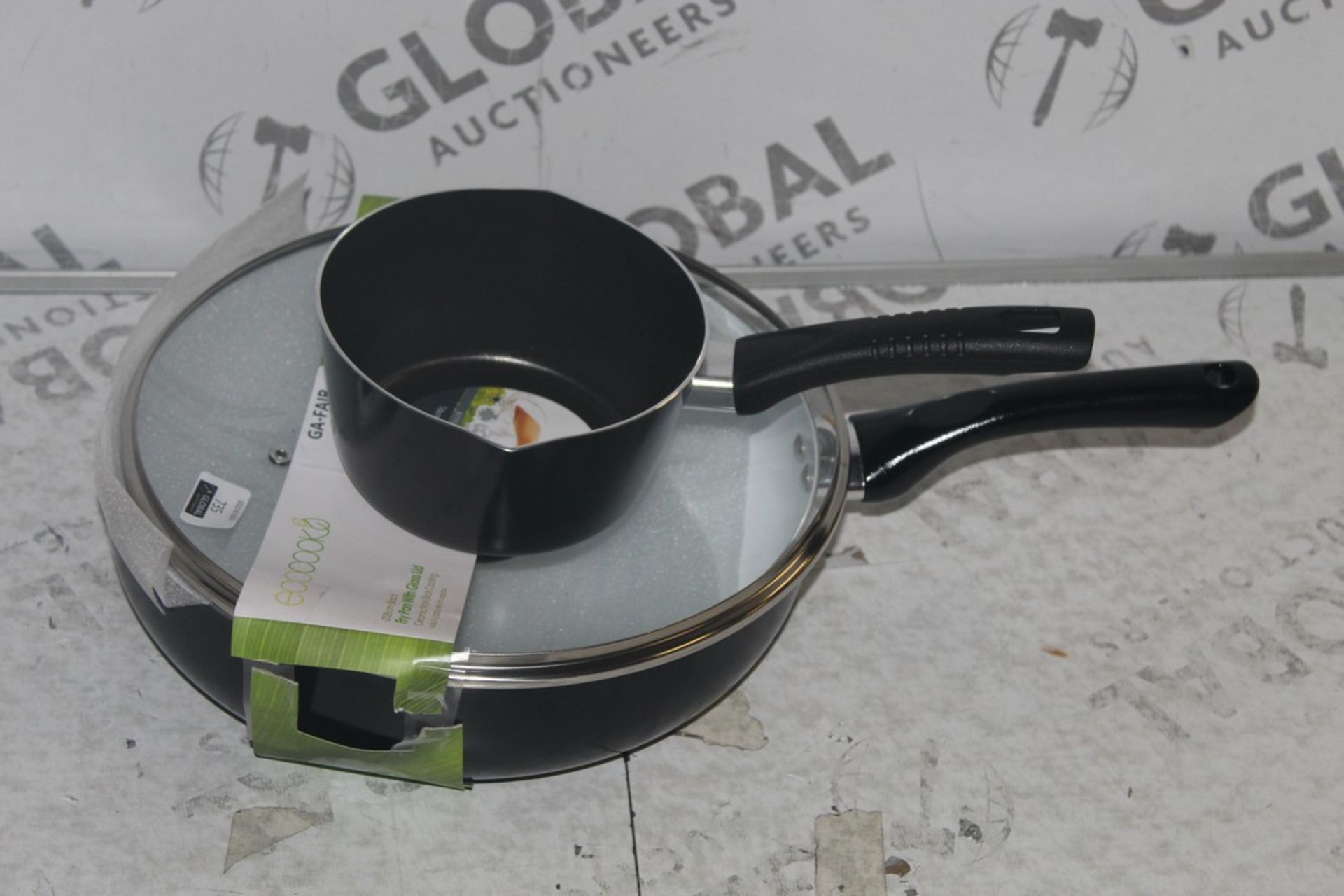 Assorted Items to Include an Eco Cook Frying Pan with Glass Lid and a Premier Collection Saucepan