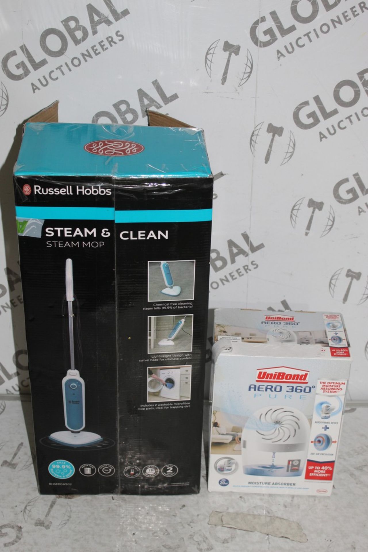 Assorted Items to Include a Russell Hobbs Steam and Clean Steam Mop and 2 Unibond Optimum Moisture