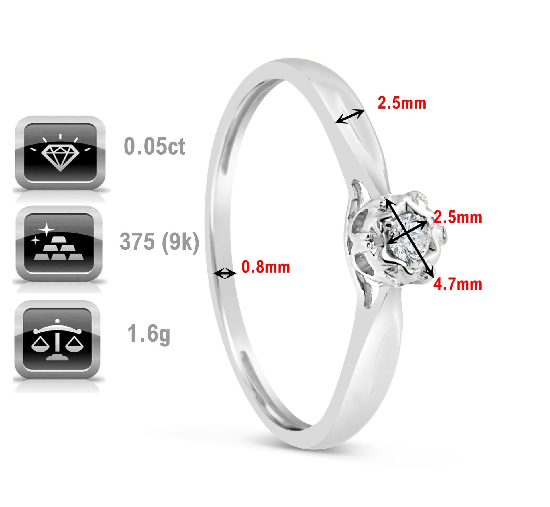 White Gold Diamond Solitaire, Metal 9ct White Gold, Weight (g) 1.2, Diamond Weight (ct) 1.6, Size Q, - Image 3 of 4