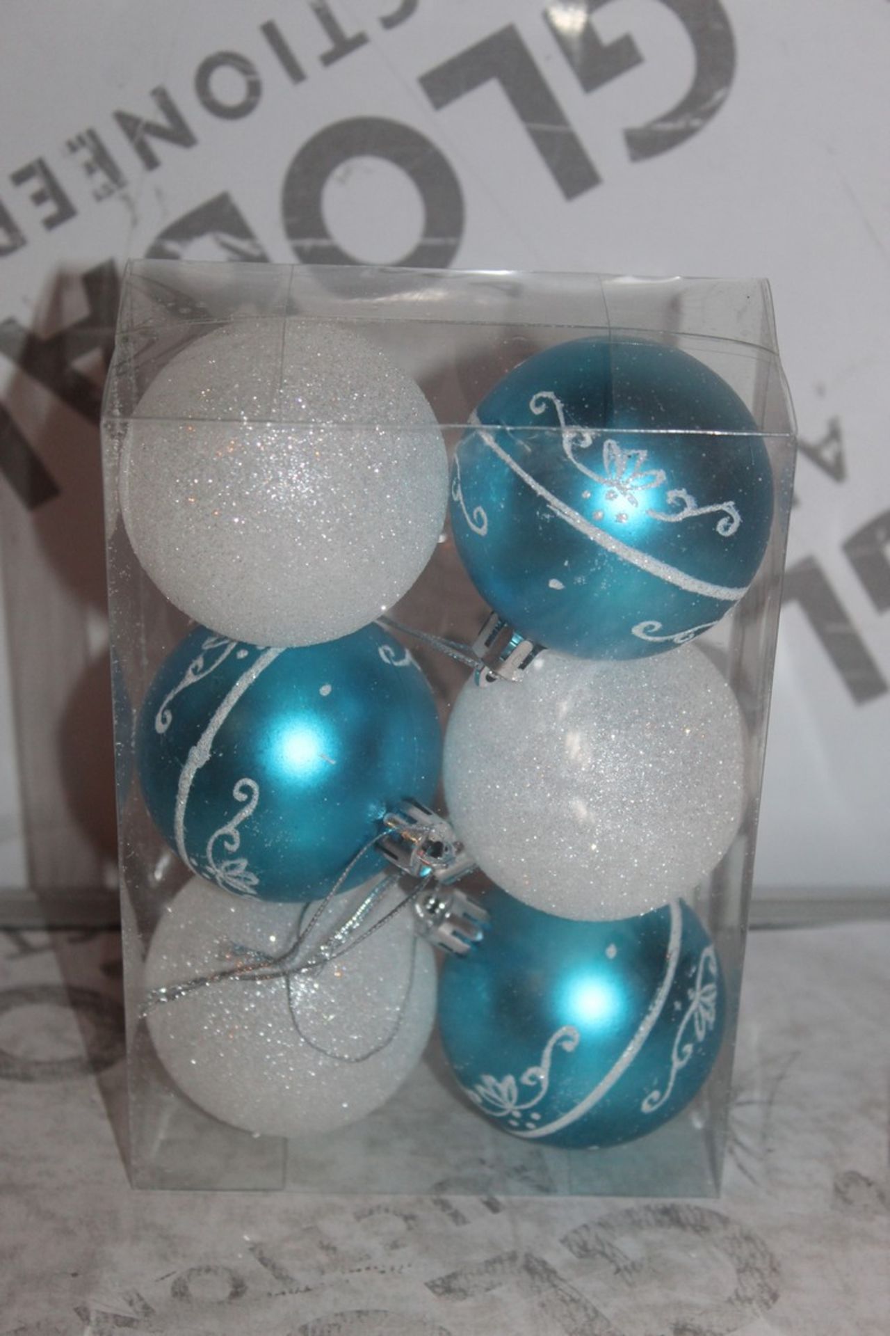 Lot to Contain 80 Brand New Packs of 6 Blue and White Decorative Christmas Baubles From The Roman