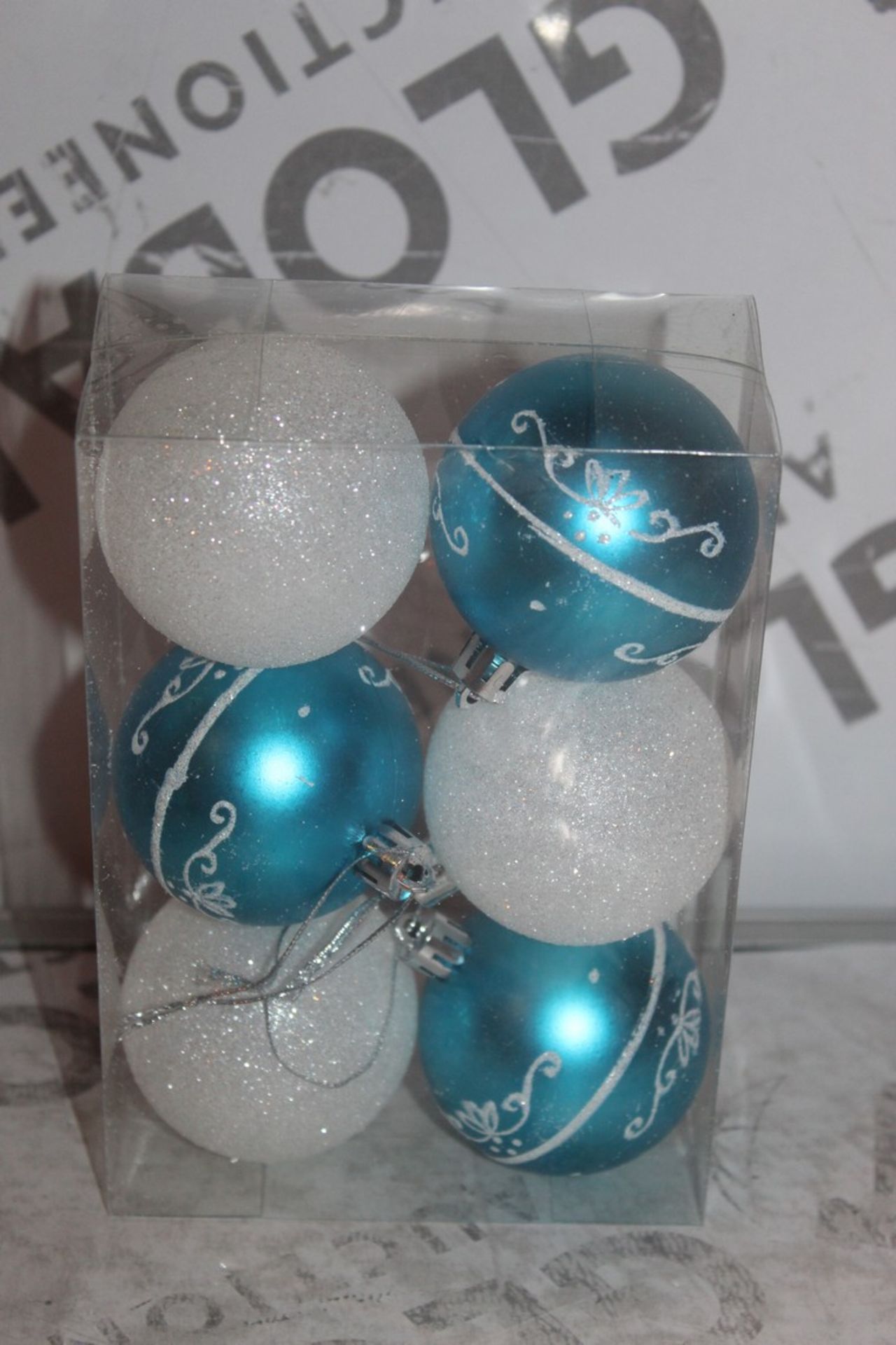 Lot to Contain 80 Brand New Packs of 6 Blue and White Decorative Christmas Baubles From The Roman