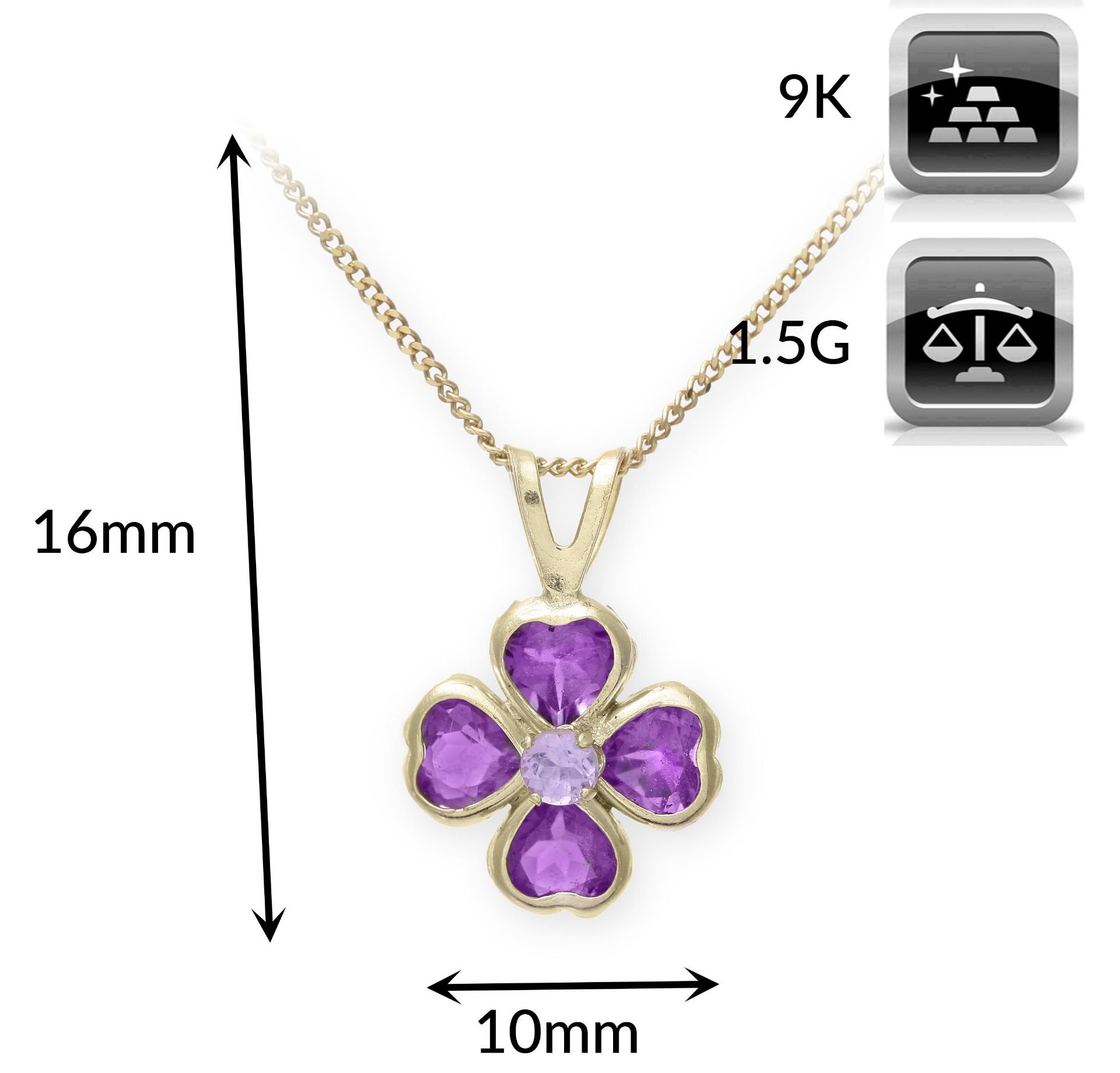 Large Amethyst Pendant Lucky Clover Design With 18" Gold Chain, Metal 9ct Yellow Gold, Weight (g) - Image 2 of 3
