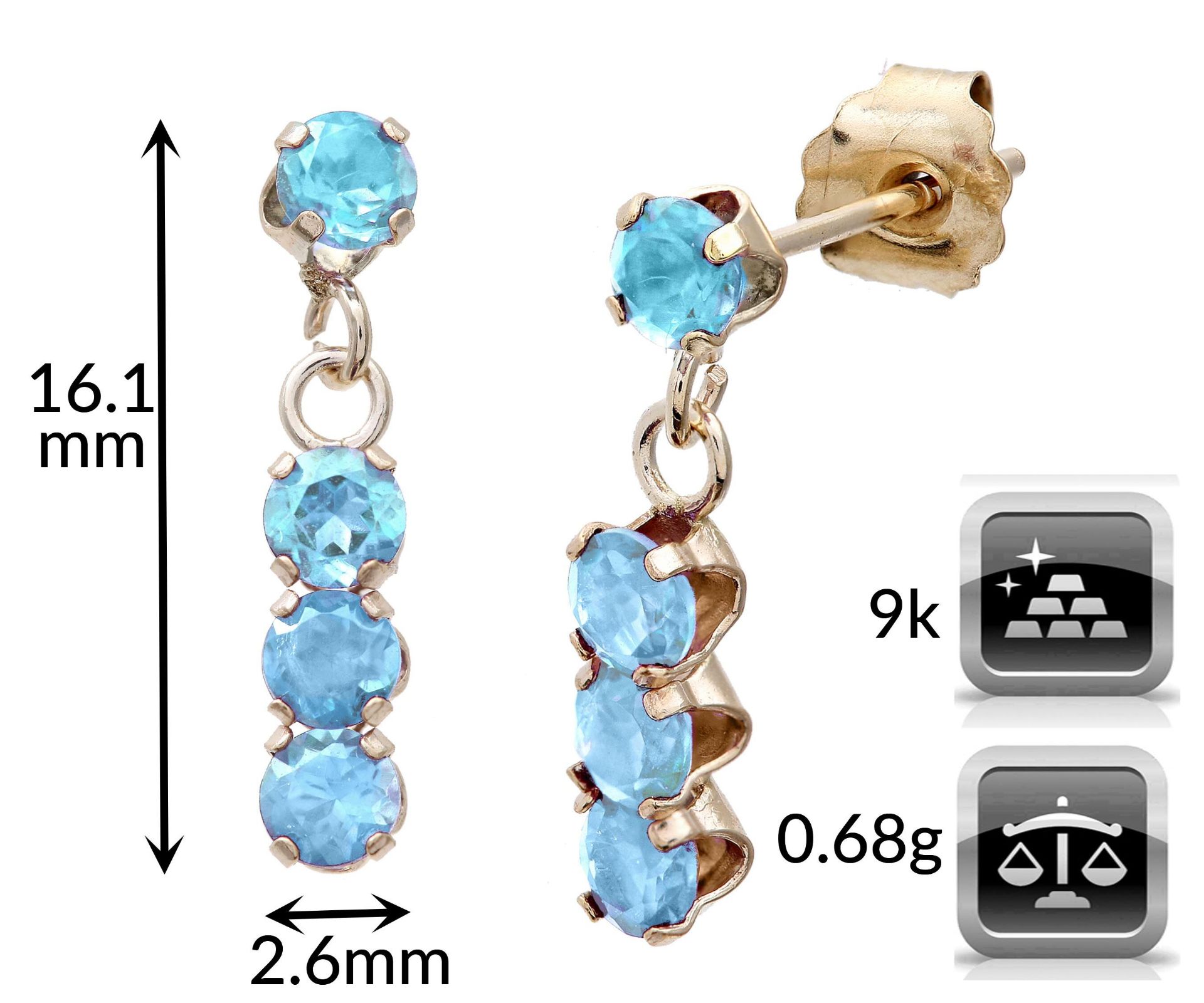 Blue Topaz Natural Gemstone Drop Earrings, Metal 9ct Yellow Gold, Weight (g) 0.65, RRP £104.99 ( - Image 2 of 3