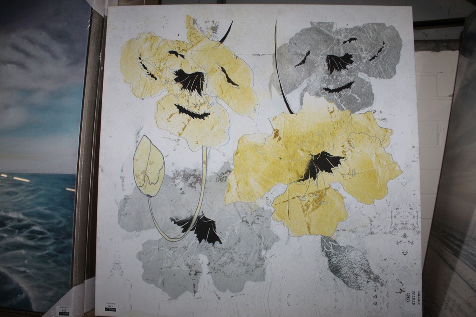 Floral Textured Soft Grey and Yellow Canvas Wall Art Picture RRP £70 (10871) (Public Viewing and