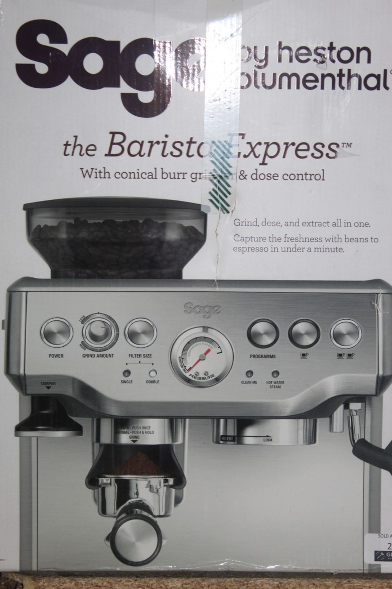 Boxed Sage by Heston Blumenthal The Barista Express Bean to Cup Coffee Machine with Burr Grinder and