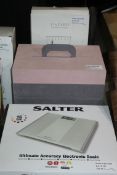Assorted Items to Include Boxed Salter Ultimate Accuracy Digital Weighing Scales, Stackers Jewellery