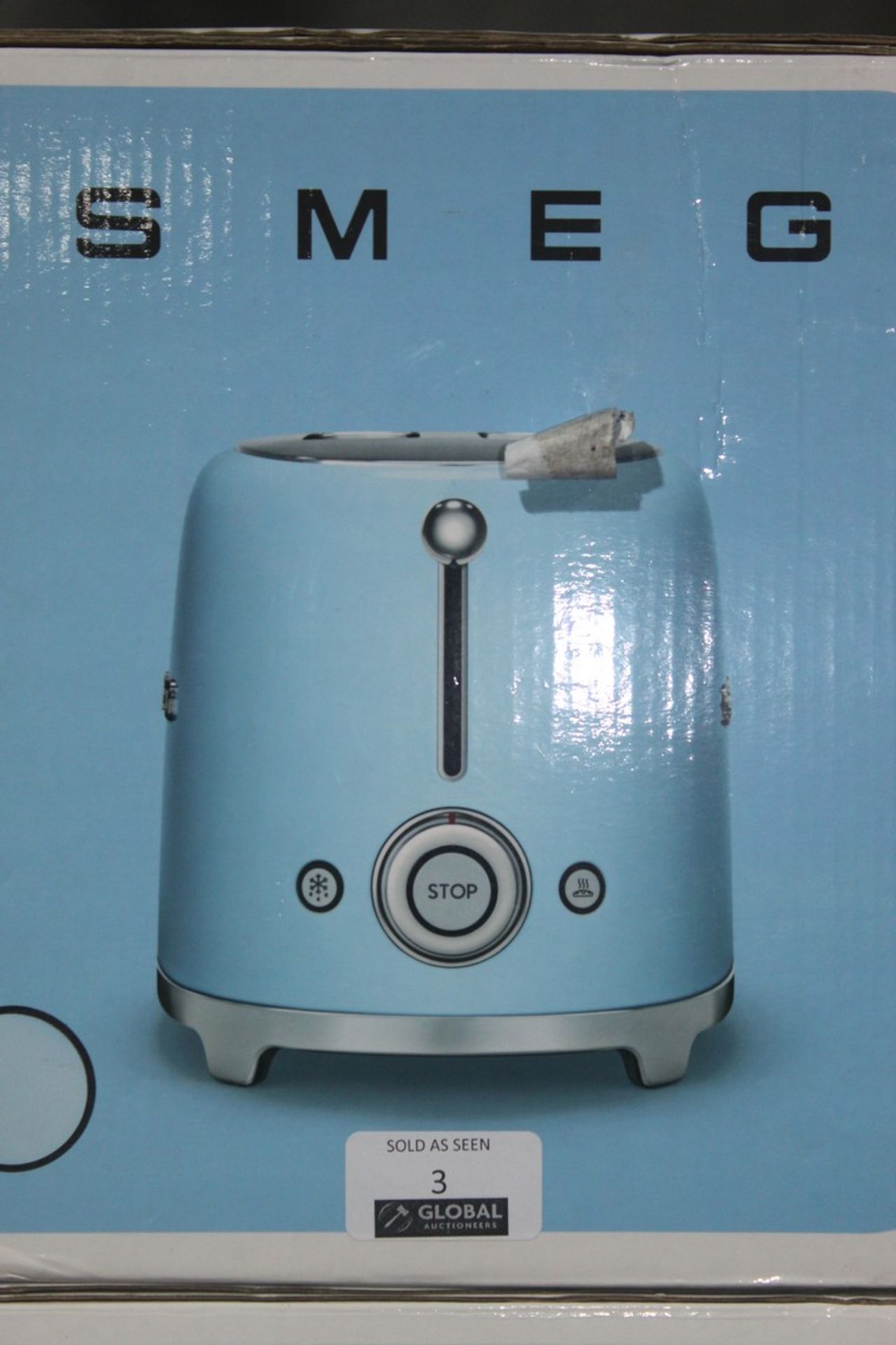 Boxed Smeg Baby Blue 2 Slice Toaster with Chrome Detail RRP £110 (Image For Illustration Purposes