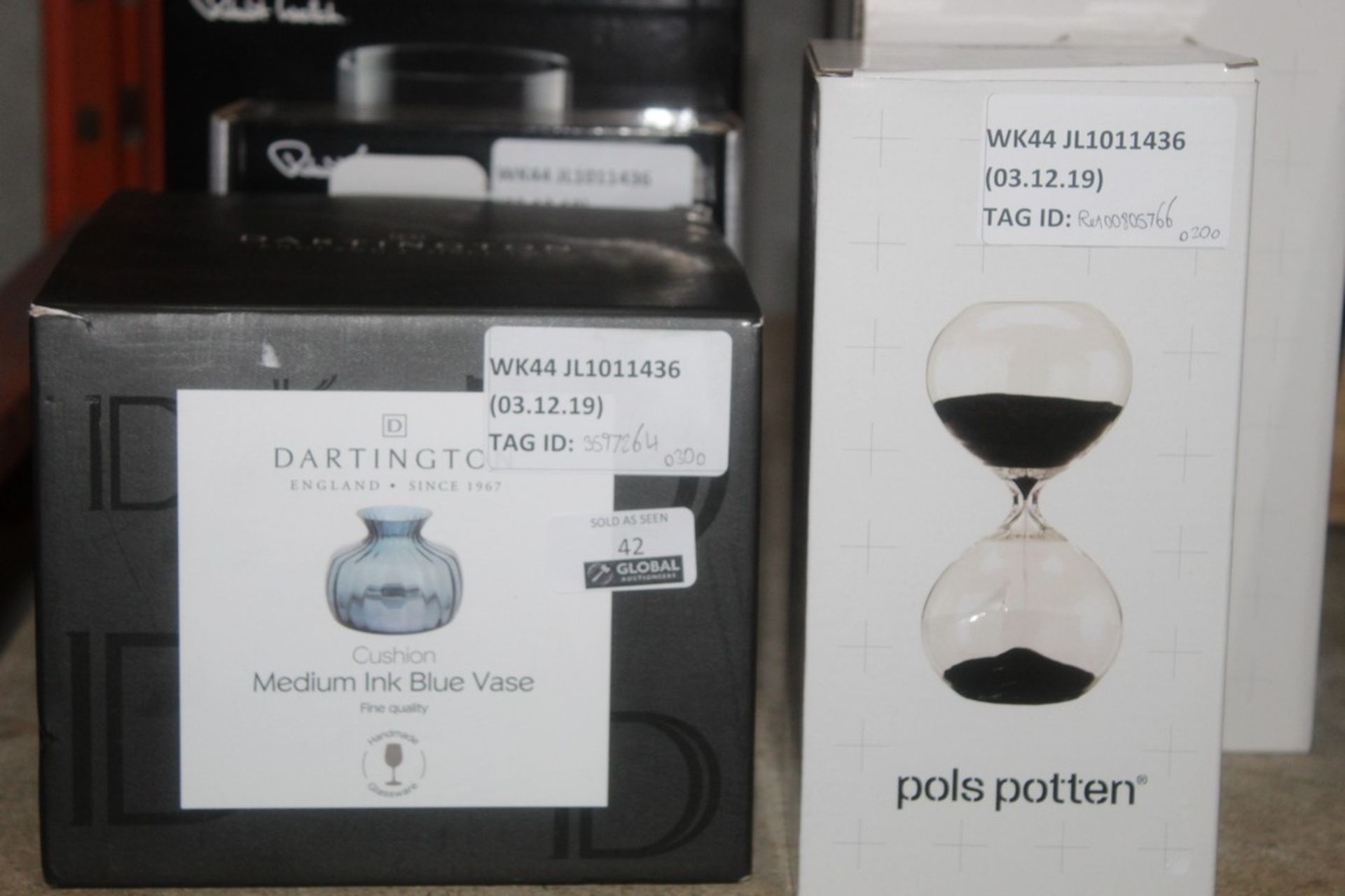 Boxed Assorted Items to Include Pols Pottern Kitchen Timers, Dartington Medium Blue Vases, Robert
