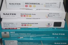 Assorted Boxed Pairs of Salter Digital and Mechanical Weighing Scales to Include the Max, Ghost