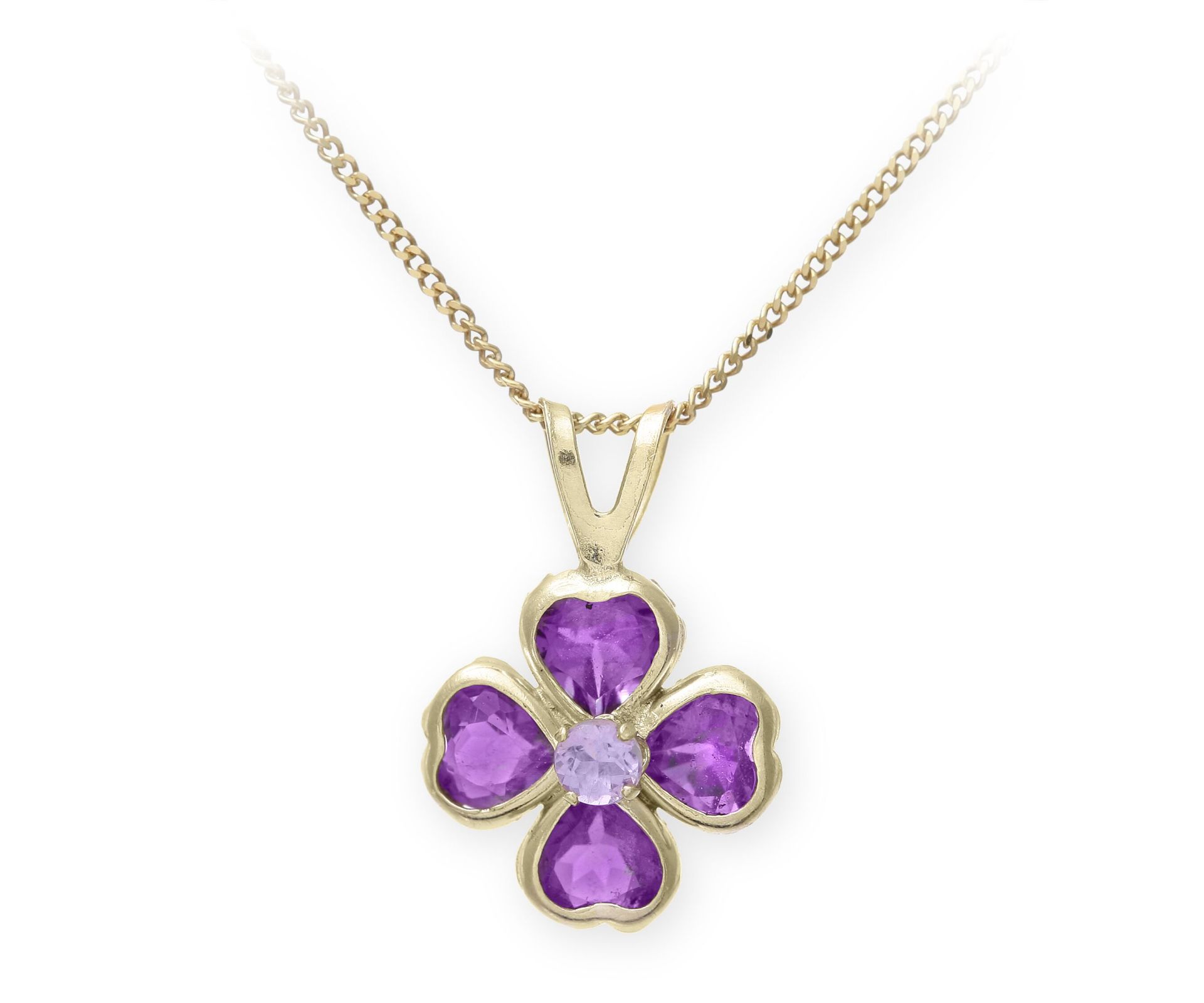 Large Amethyst Pendant Lucky Clover Design With 18" Gold Chain, Metal 9ct Yellow Gold, Weight (g)