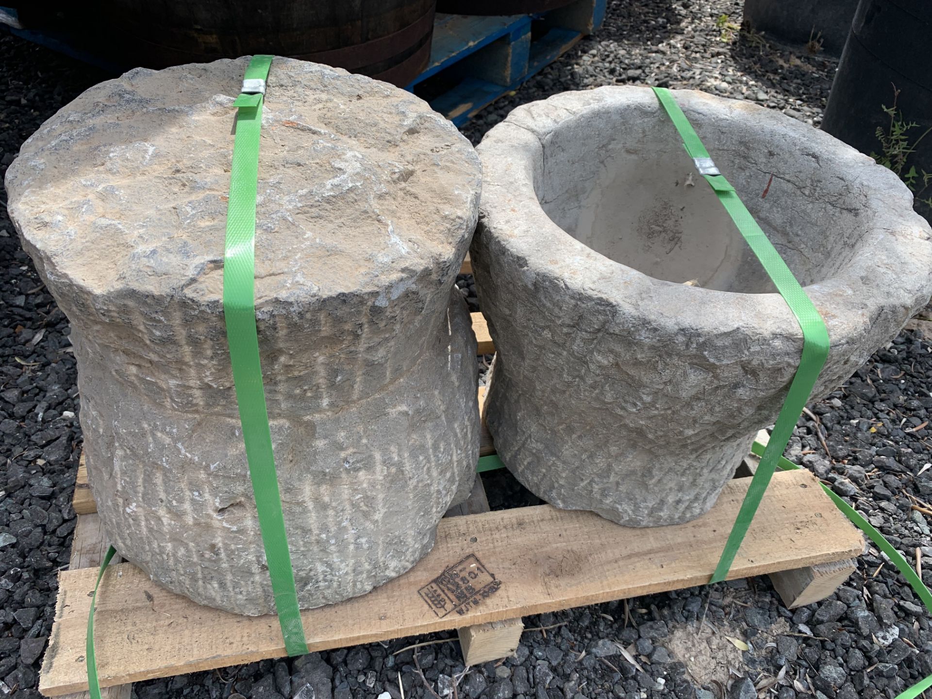 PAIR HEAVY STONE ROUND ANTIQUE POTS