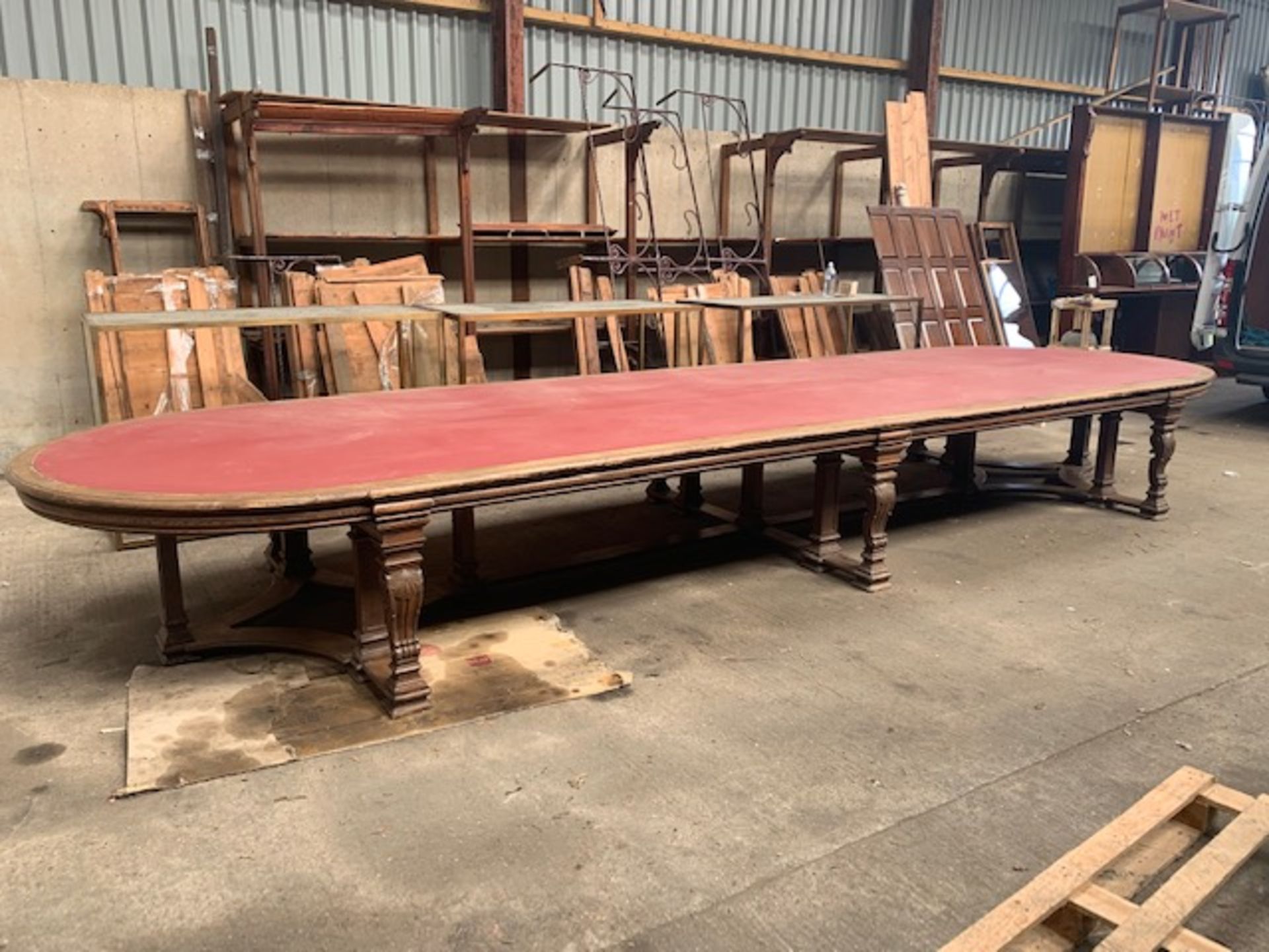 20FT LONG EXCEPTIONAL SOLID OAK HIGHLY CARVED AND BRACED STATEMENT TABLE