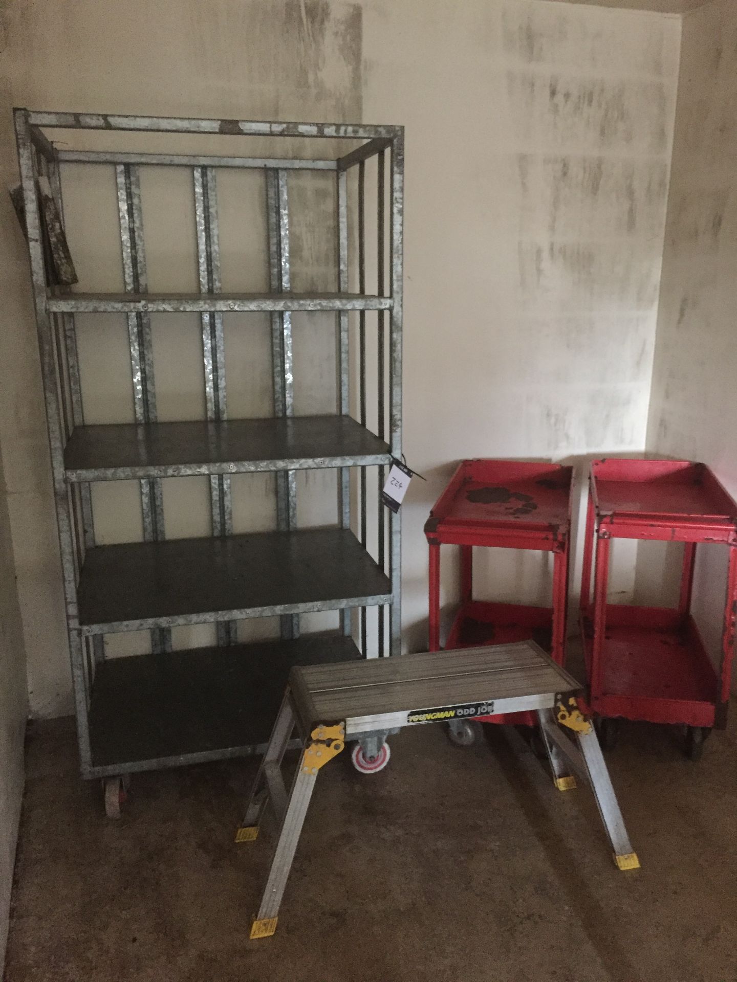 (2) Red steel trollies, Youngman work platform and steel 5 shelf trolley