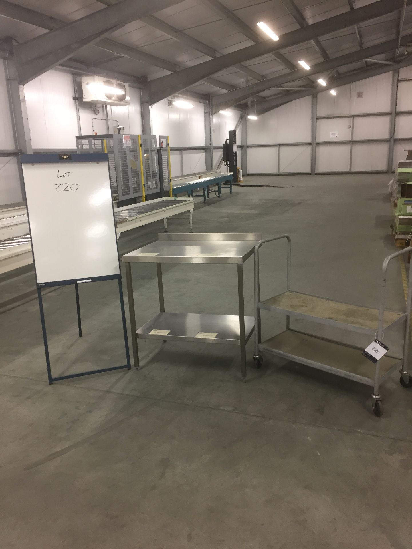 Stainless steel 900mm 2 tier preparation table, two tier trolley and flip chart