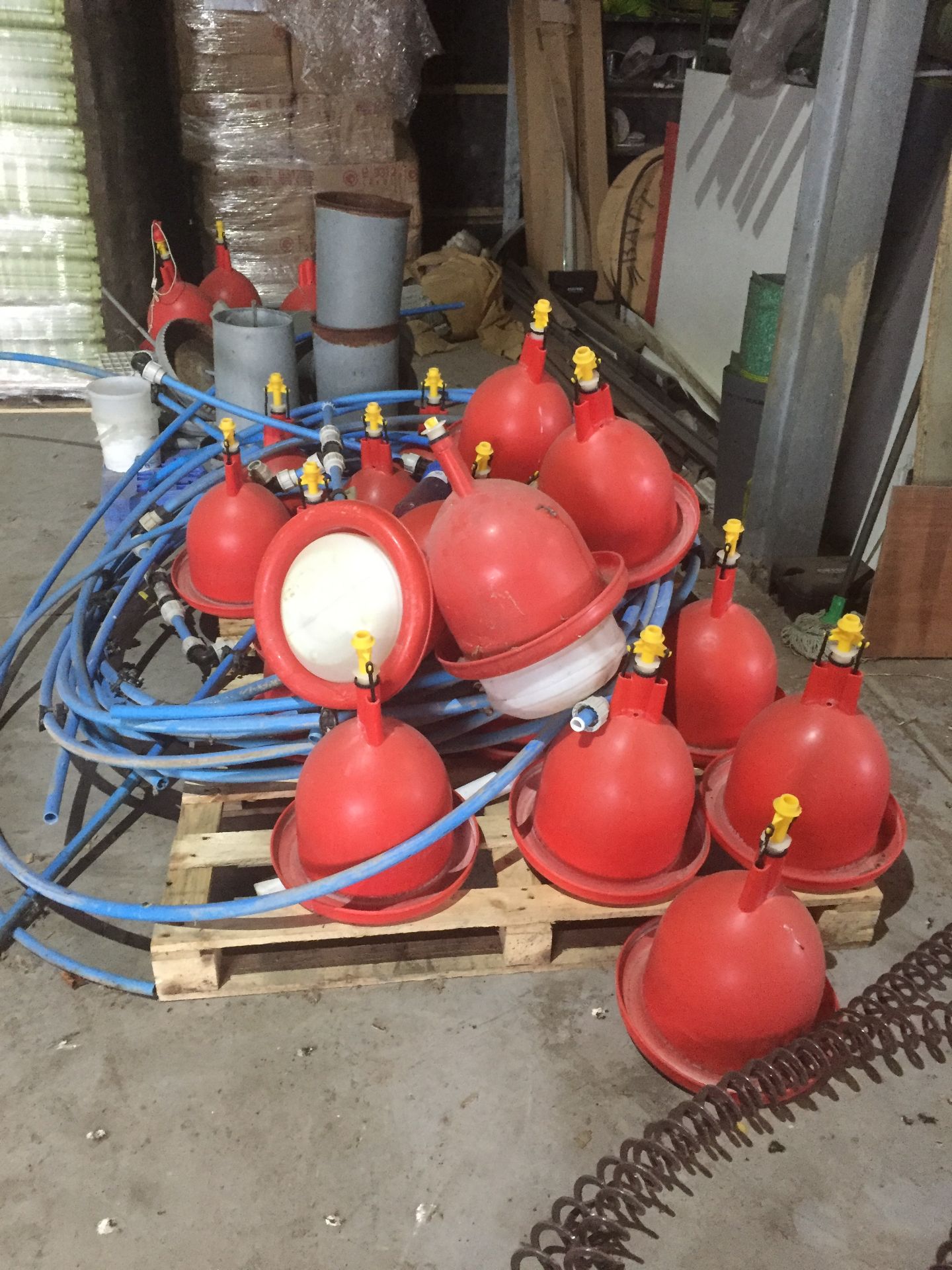 Approx. 70 red plastic bell water feeders with associated blue plastic pipework, (10) galvanised - Image 2 of 5
