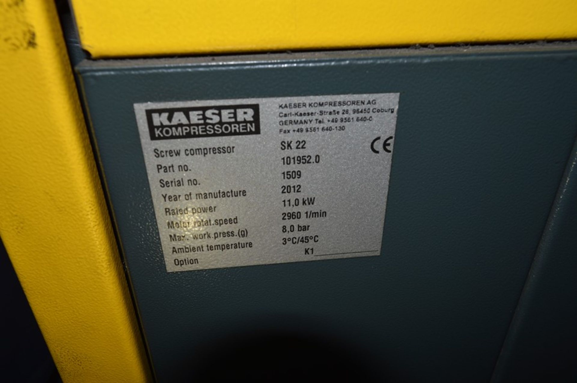 HPC Kaeser, Sigma SK22 packaged screw compressor, Serial No. 1509 (2012) Capacity: 8 bar - Image 2 of 2