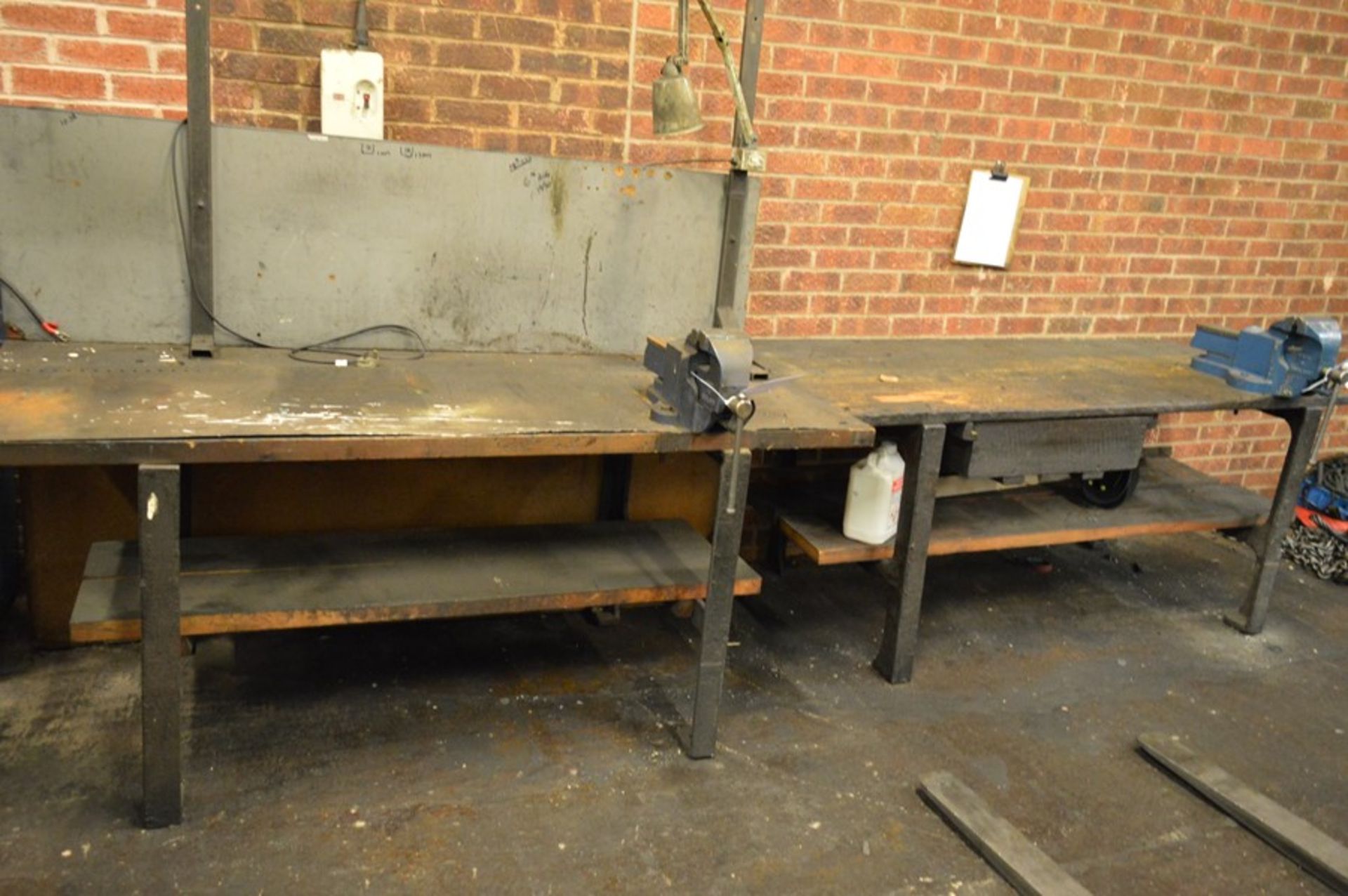 2 x Fabricated workbenches with Record No. 23 and No. 24 Vices, as lotted