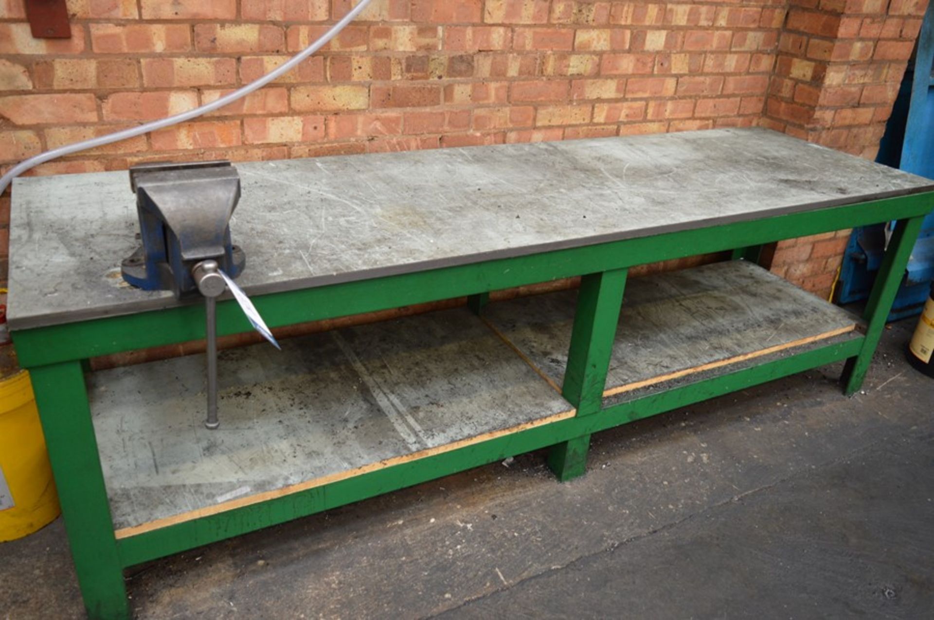 Steel workbench with under storage and Record No.6 Vice, 2.44m x 0.72m x 0.76m(H)