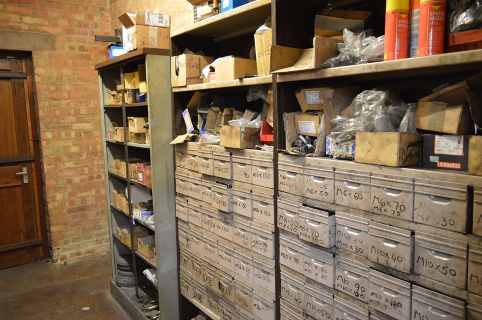 Contents of store room to include: Various metric and imperial bolts; dowel pins; grinding wheels;