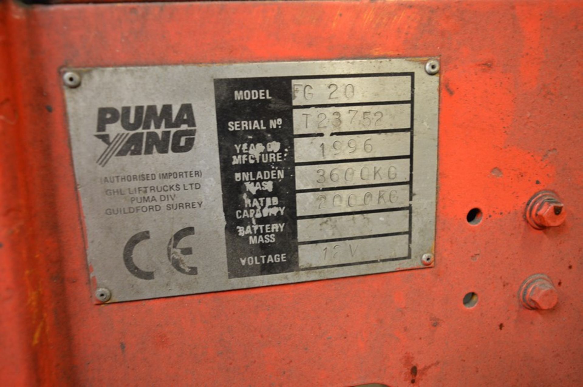 Puma, FG20 LPG counterbalance forklift truck, Serial No. T23752 (1996), Capacity: 3,600kg, Hours: - Image 8 of 8