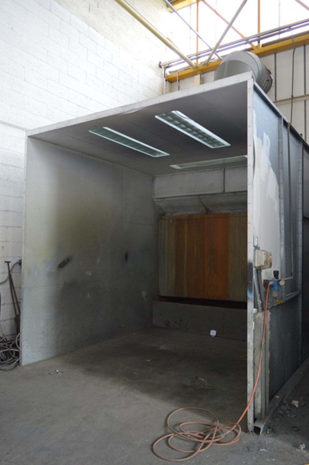 Wet back spray booth, Approx: 3m x 2.5m to include associated extraction etc., as lotted