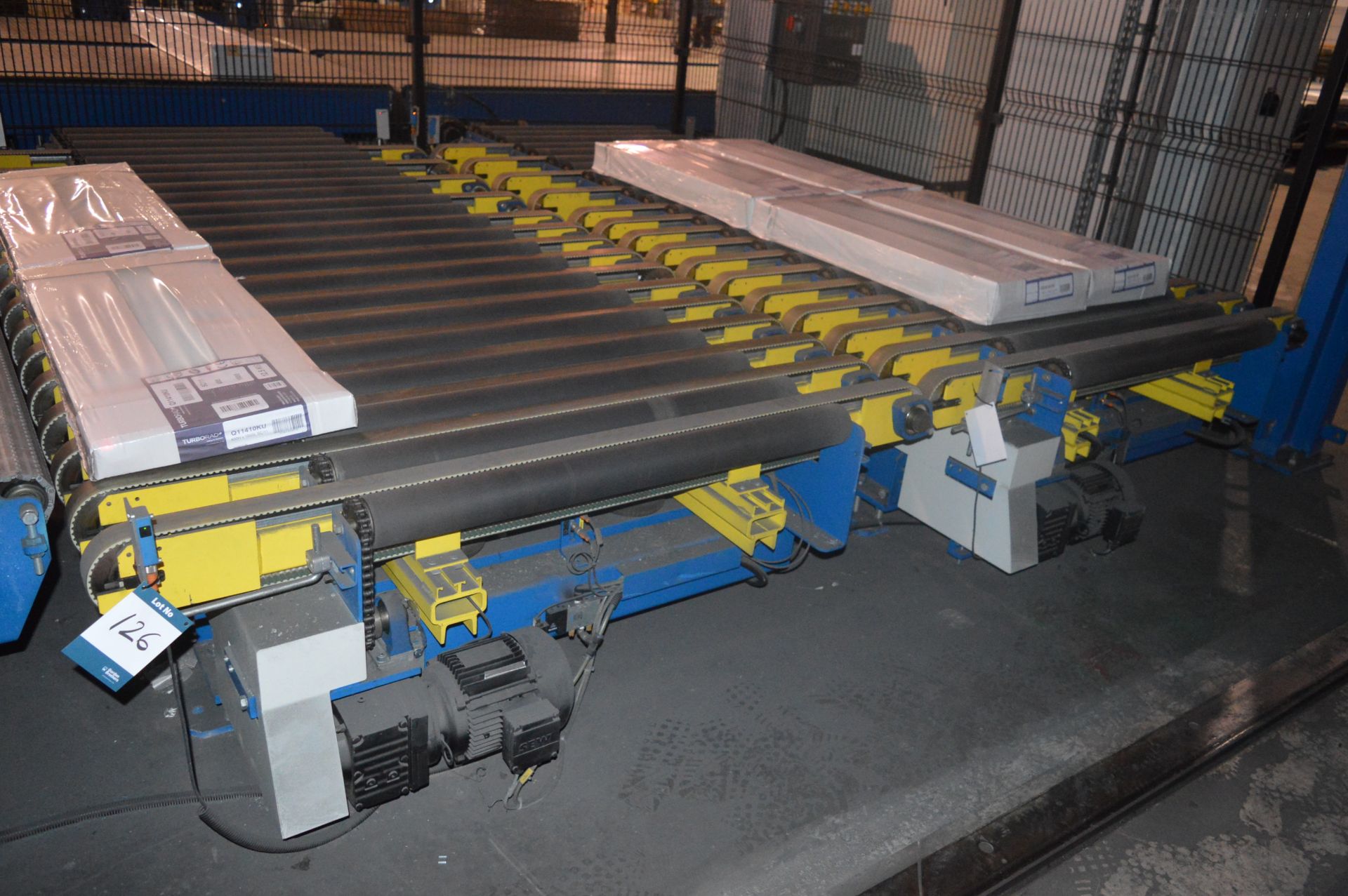 3 x Kraft, cross transfer motorised conveyors (2006) 3.5m (l) x 1.7m (w) (Due to the complexity of