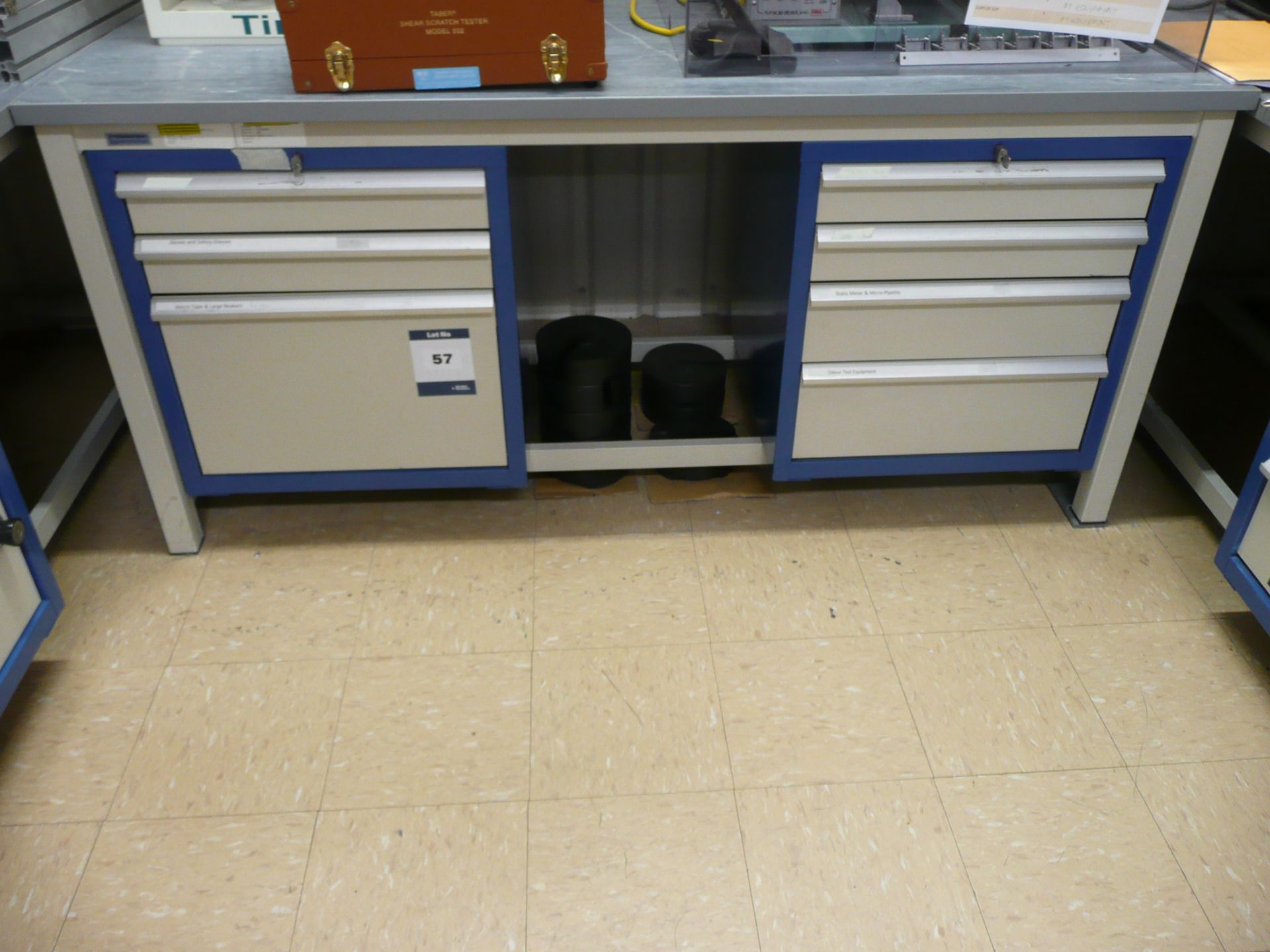 Welconstruct, heavy duty lab workbench with double pedestal, hanging tool cabinets Size 1800 x 900 x