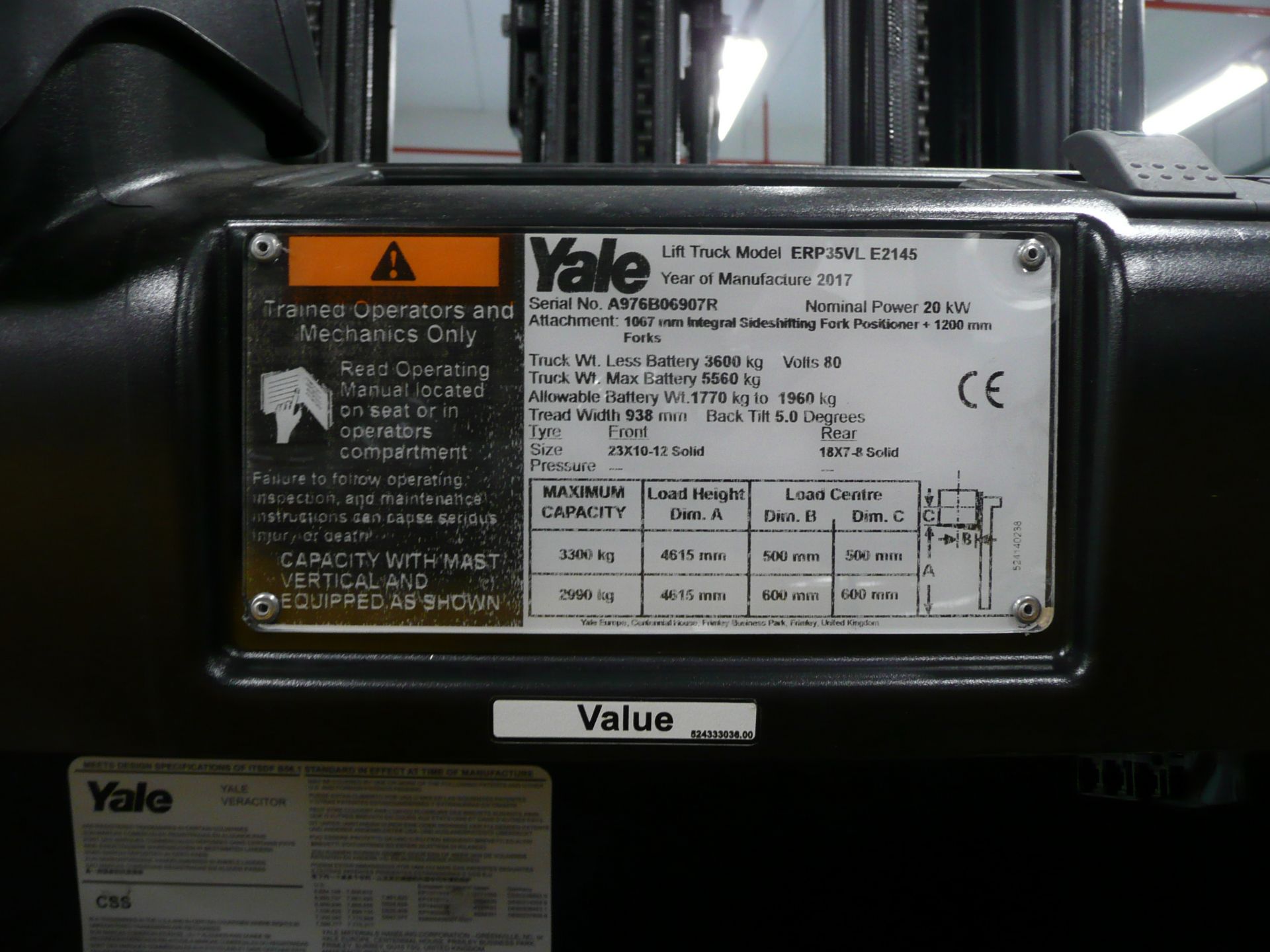 Yale, ERP35VL E2145, electric forklift truck with side shift, 3.3T Capacity, ****ONLY 45 HOURS**** - Image 3 of 6