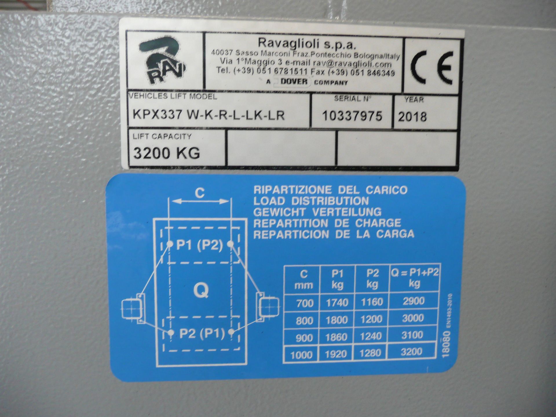 Ravaglioli, s.p.a. KPX337 W-K-R-L-LK-LR twin post, two post vehicle lift, capacity 3200kg, size each - Image 2 of 3