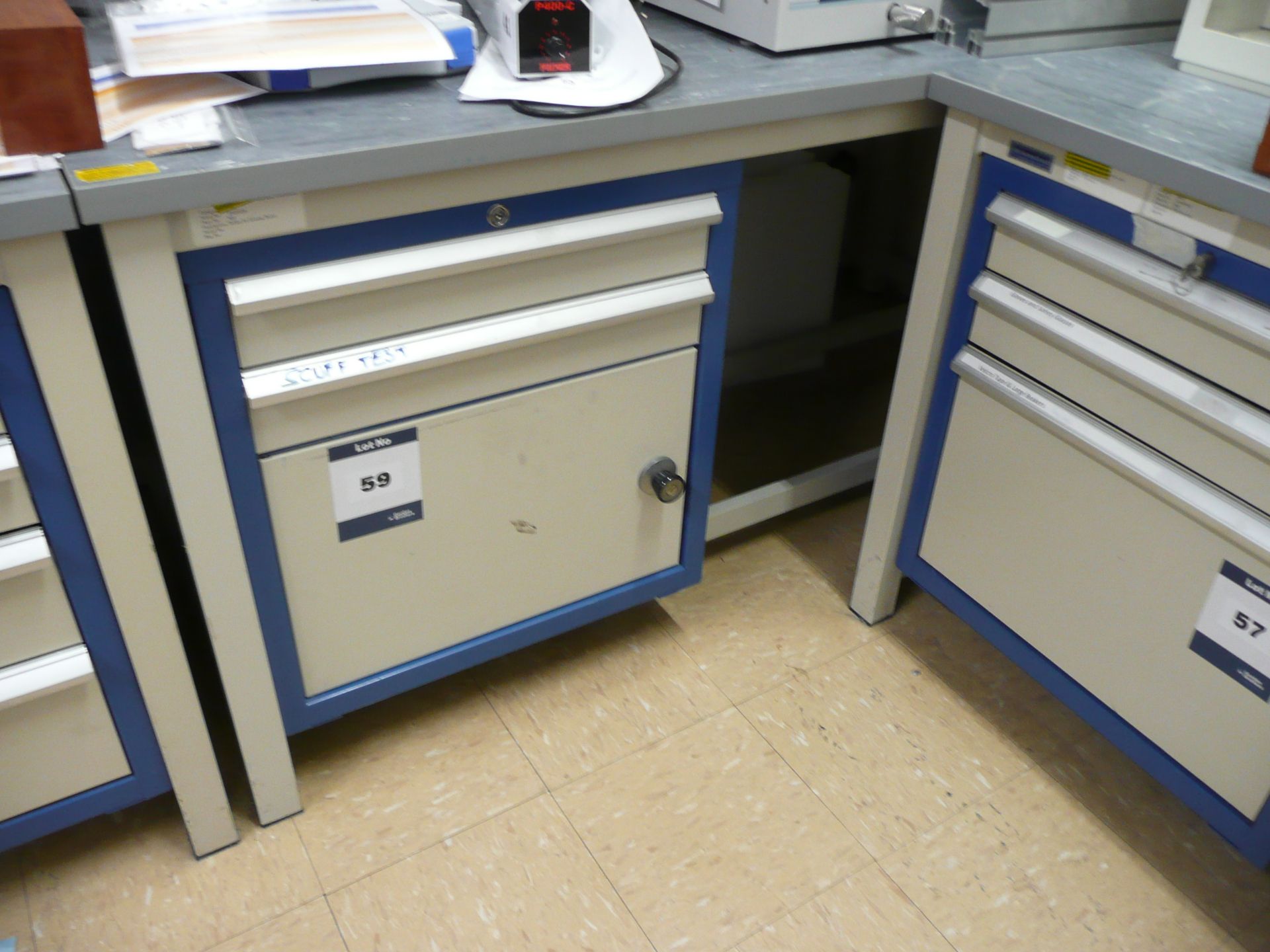 Welconstruct, heavy duty lab workbench with single hanging tool cabinet Size 1800 x 900 x 850mm