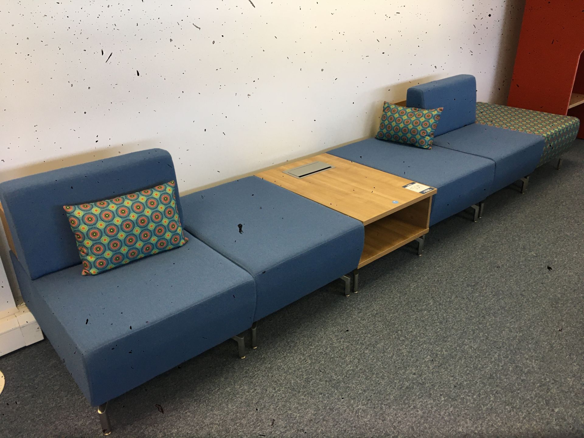 Six-section cloth upholstered bench seating (360cm x 79cm) ** This lot is located at The Dowlais