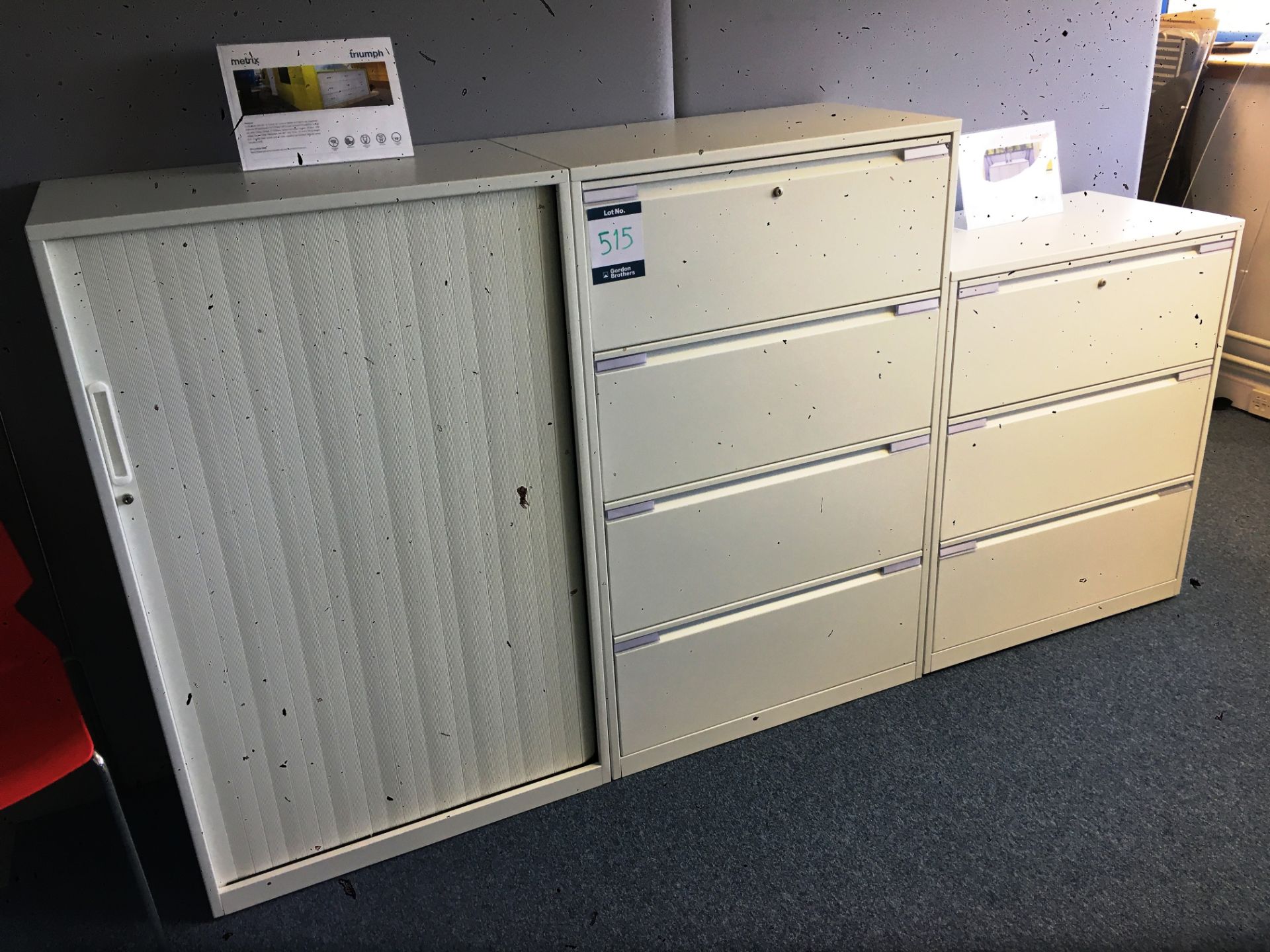 Steel fabricated 3 - drawer, 4 - drawer, and tambour fronted storage cabinets ** This lot is located
