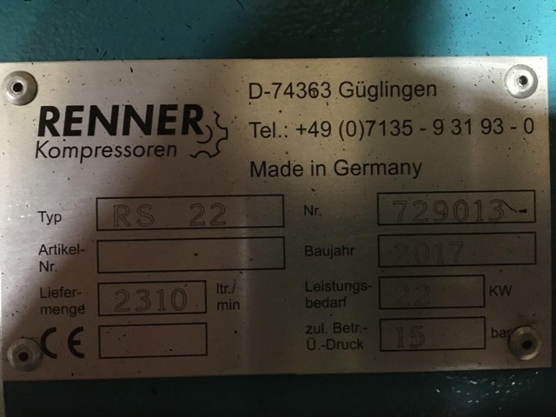 Renner, RS22 22kw/15 bar packaged air compressor, Serial No. 729013 (2017), Hrs: 5431/3; OKS, 750L - Image 3 of 3