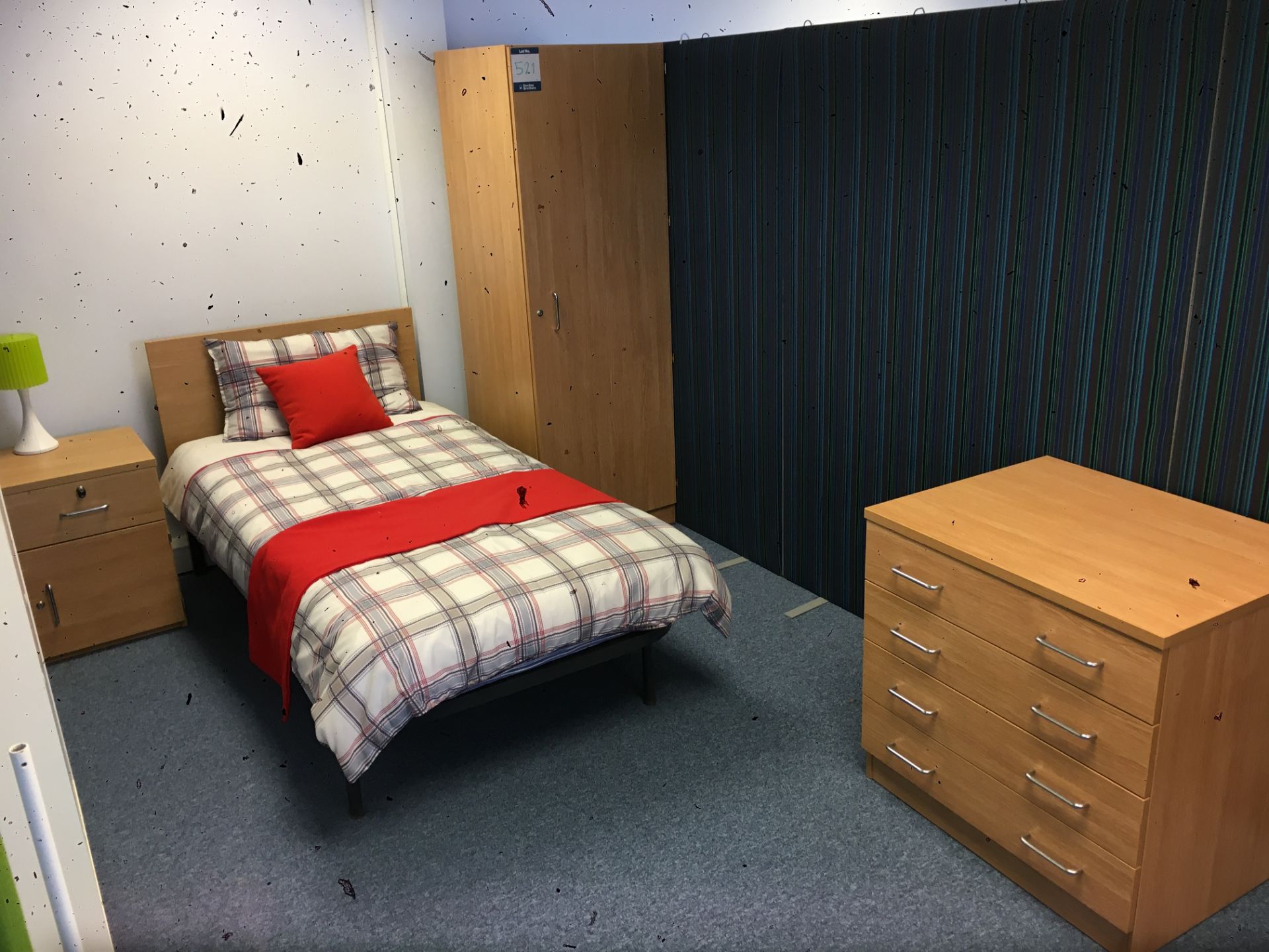 Bedroom furniture set comprising; steel bedframe and mattress, single door wardrobe and bedside