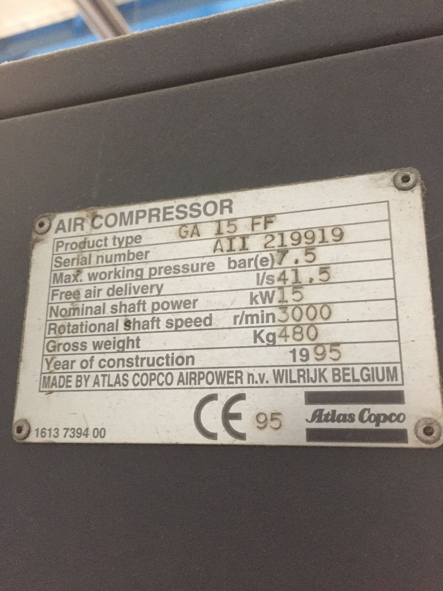 Atlas Copco GA15 FF rotary screw compressor, Serial No. A11 219919 (1995), 7.5 BAR (Risk - Image 3 of 3