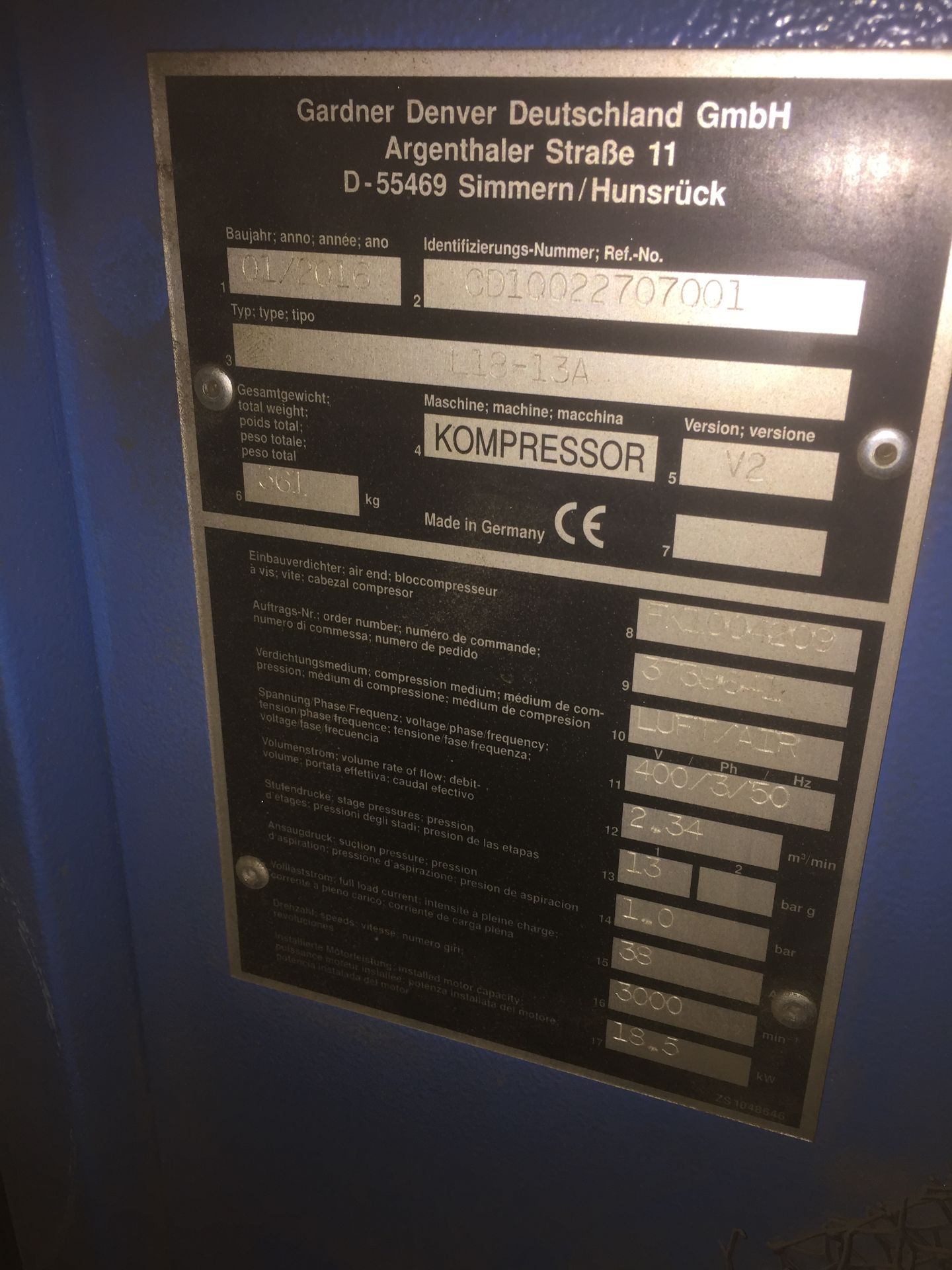 Compair L18-13A rotary screw air compressor, Serial No. CD10022707001 (2016), 13 BAR, with Abbot and - Image 2 of 5