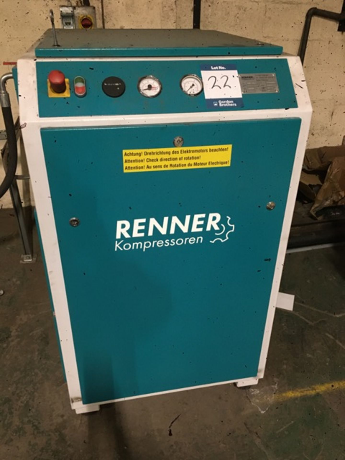 Renner, RS22 22kw/15 bar packaged air compressor, Serial No. 729013 (2017), Hrs: 5431/3; OKS, 750L