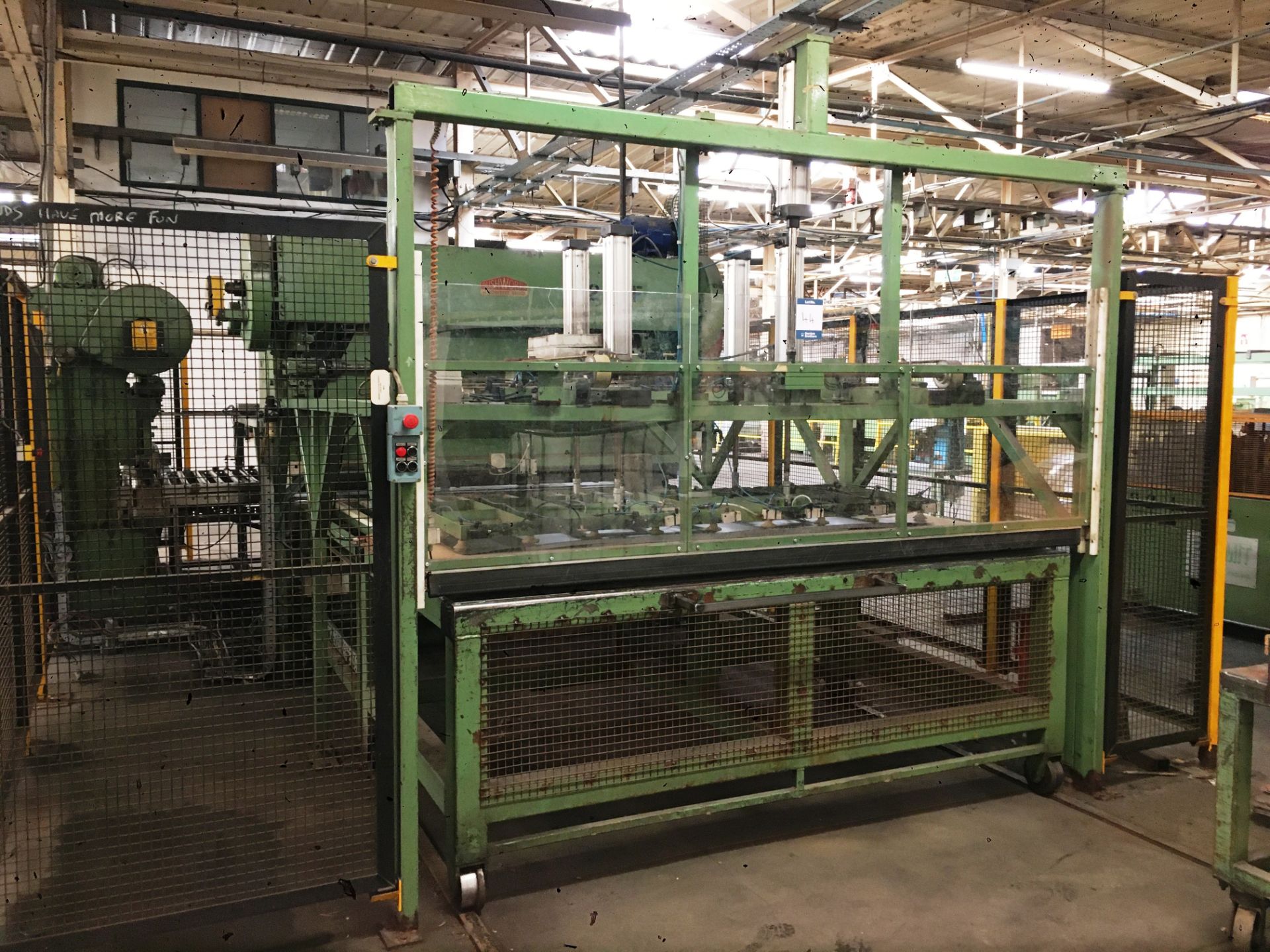 Press brake fabrication cell comprising: track mounted loading car (approx. 1400 x 2400mm); vacuum