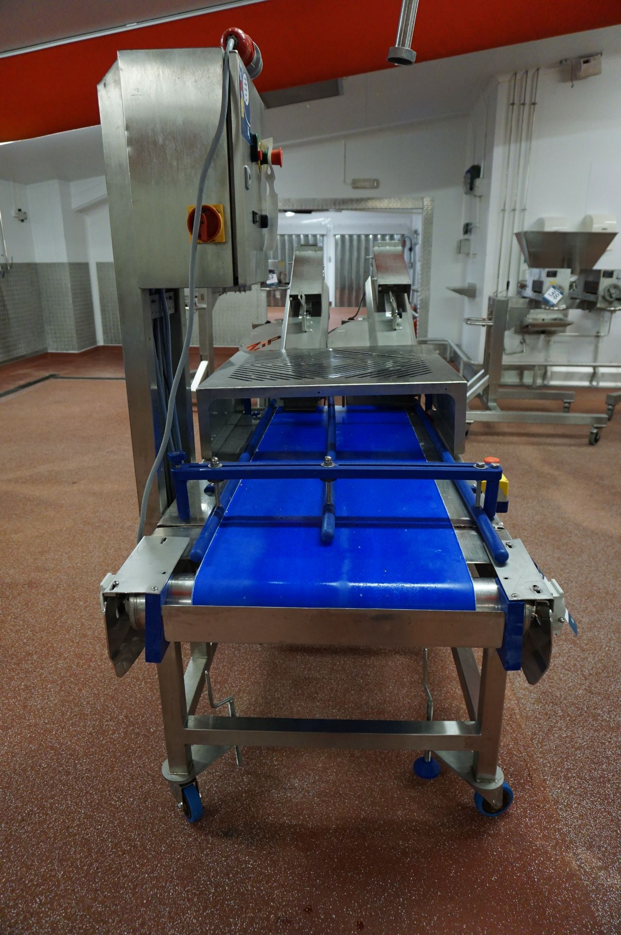 Reach Food Systems, twin lane mobile bap slicer, Serial No. R-TBS-080-616-S with through feed belt