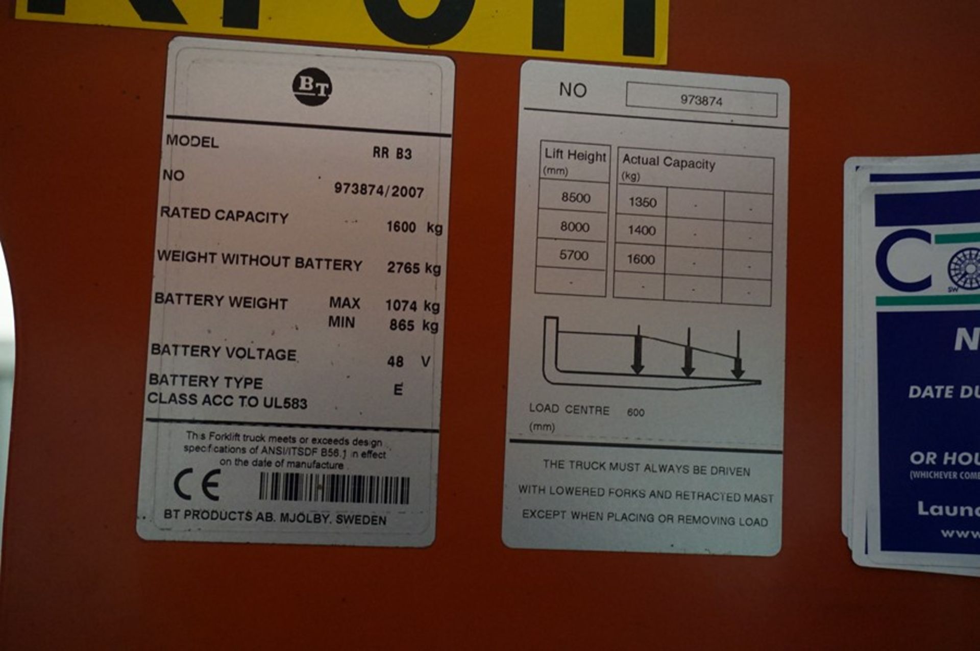 BT, Model: RRB3, 1.6T electric reach truck, Serial No. 937874 (2007) Hours: N/A, Max Lift: 8500mm, - Image 10 of 11